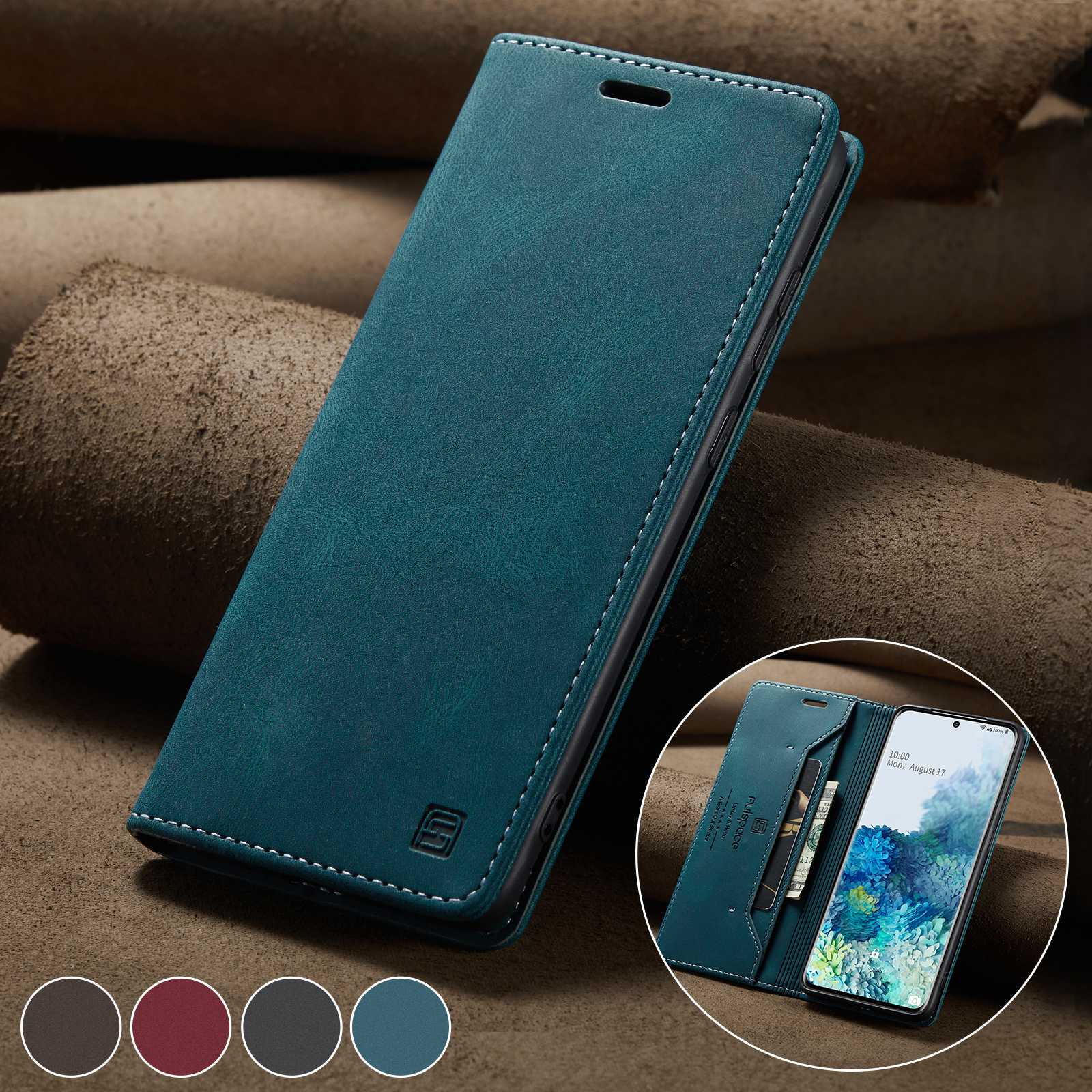 AUTSPACE A01 Series for Samsung Galaxy S20 Ultra 4G / 5G PU Leather Case RFID Blocking Retro Wallet Flip Stand Cover - Blue