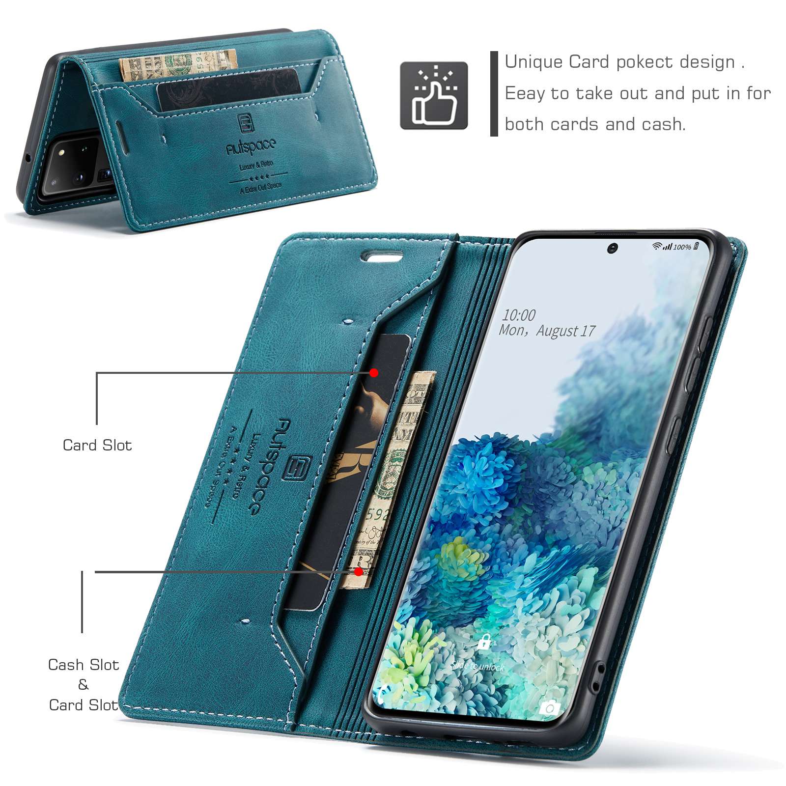 AUTSPACE A01 Series for Samsung Galaxy S20 Ultra 4G / 5G PU Leather Case RFID Blocking Retro Wallet Flip Stand Cover - Blue