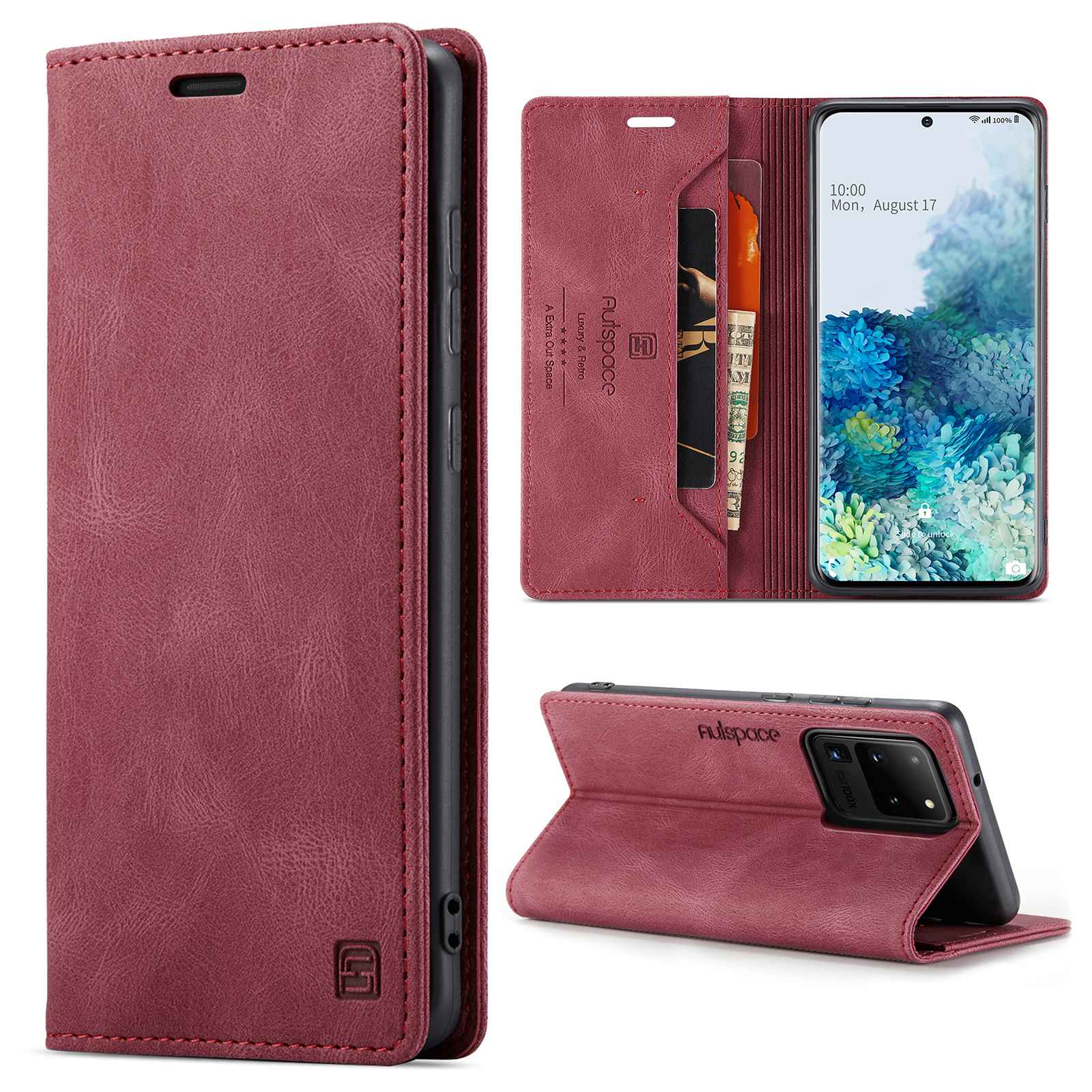 AUTSPACE A01 Series for Samsung Galaxy S20 Ultra 4G / 5G PU Leather Case RFID Blocking Retro Wallet Flip Stand Cover - Red