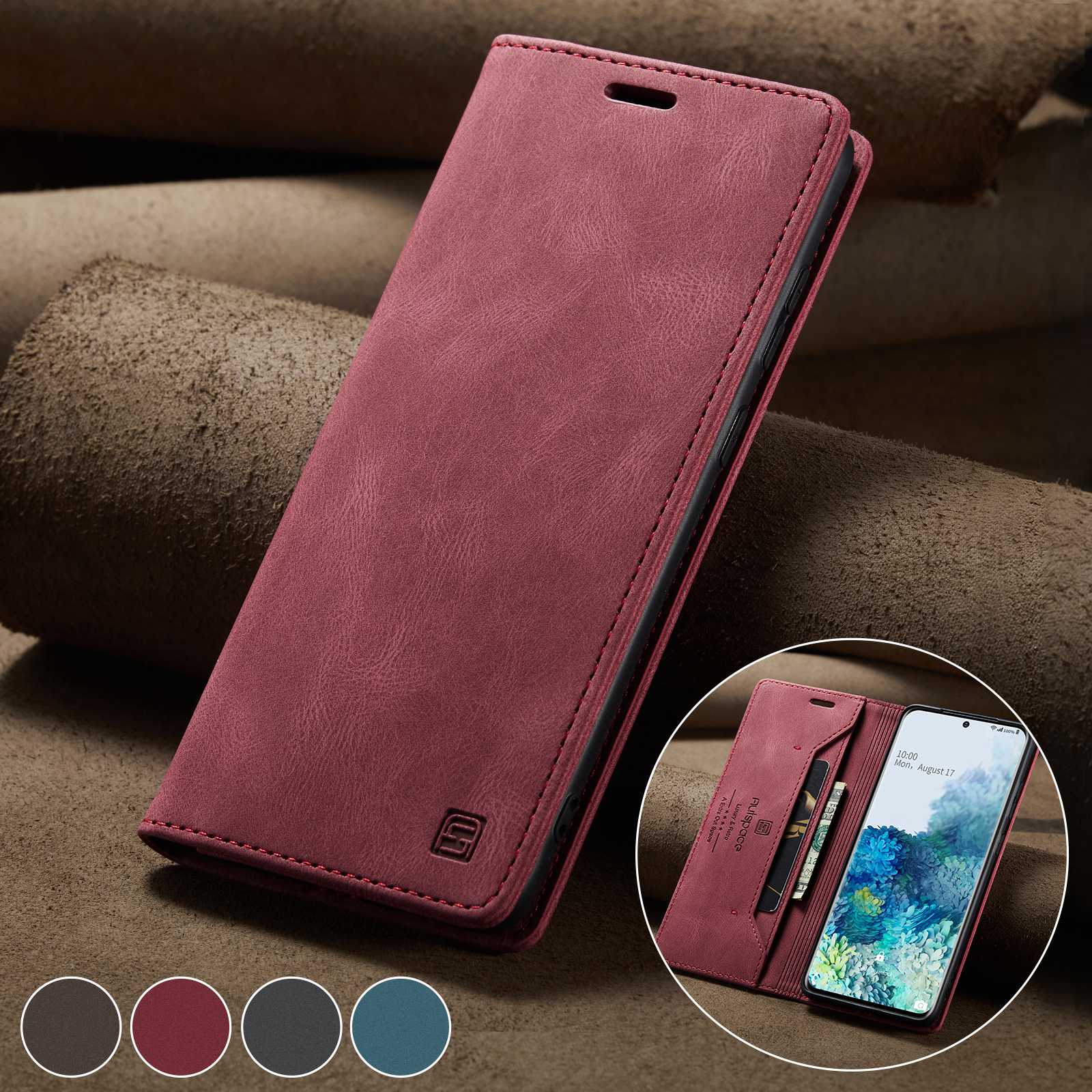 AUTSPACE A01 Series for Samsung Galaxy S20 Ultra 4G / 5G PU Leather Case RFID Blocking Retro Wallet Flip Stand Cover - Red