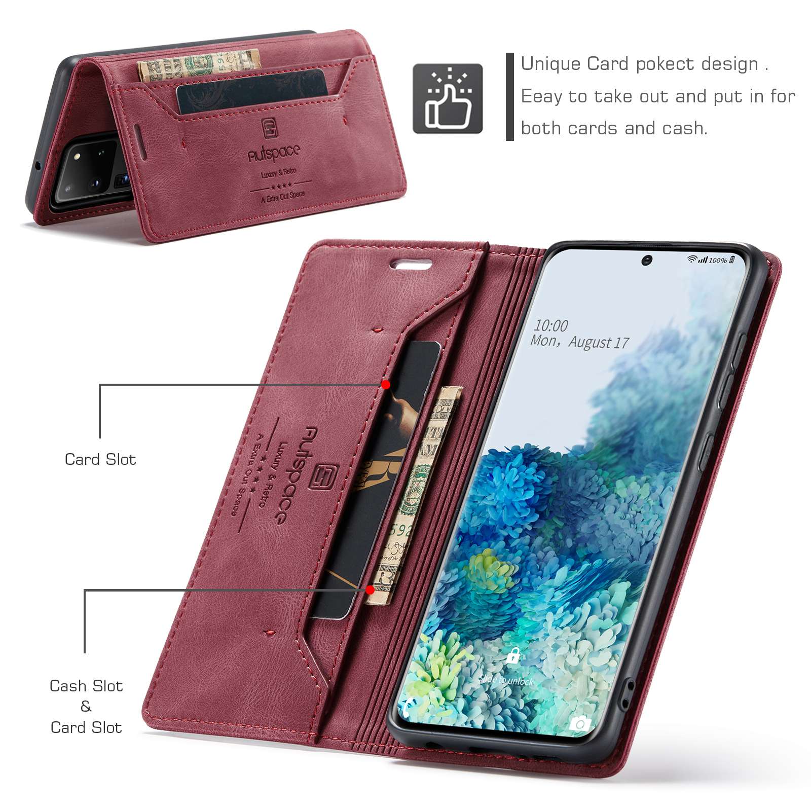 AUTSPACE A01 Series for Samsung Galaxy S20 Ultra 4G / 5G PU Leather Case RFID Blocking Retro Wallet Flip Stand Cover - Red