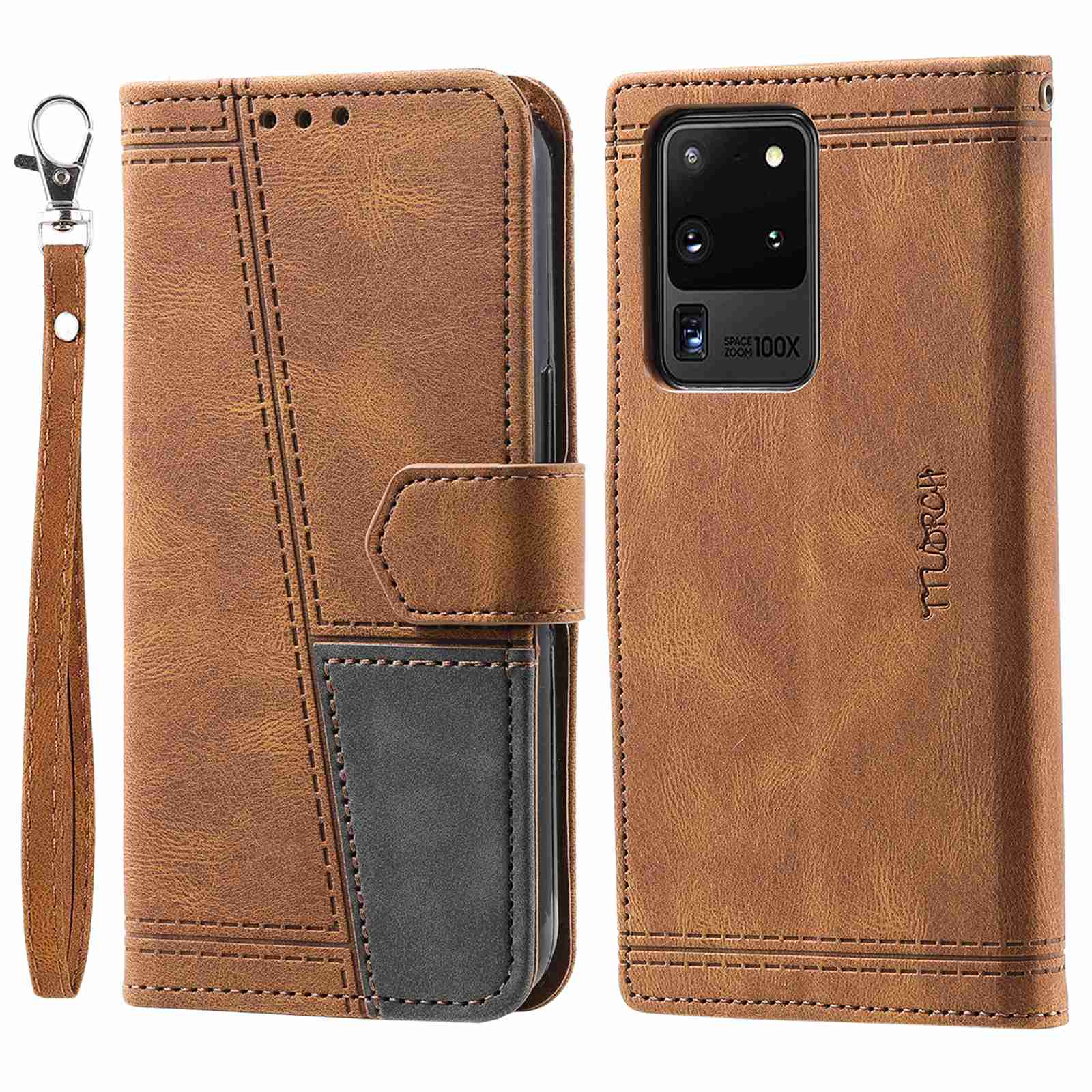 TTUDRCH For Samsung Galaxy S20 Ultra 4G/5G 004 Splicing Skin-touch PU Leather RFID Blocking Phone Case Wallet Stand Cover - Brown