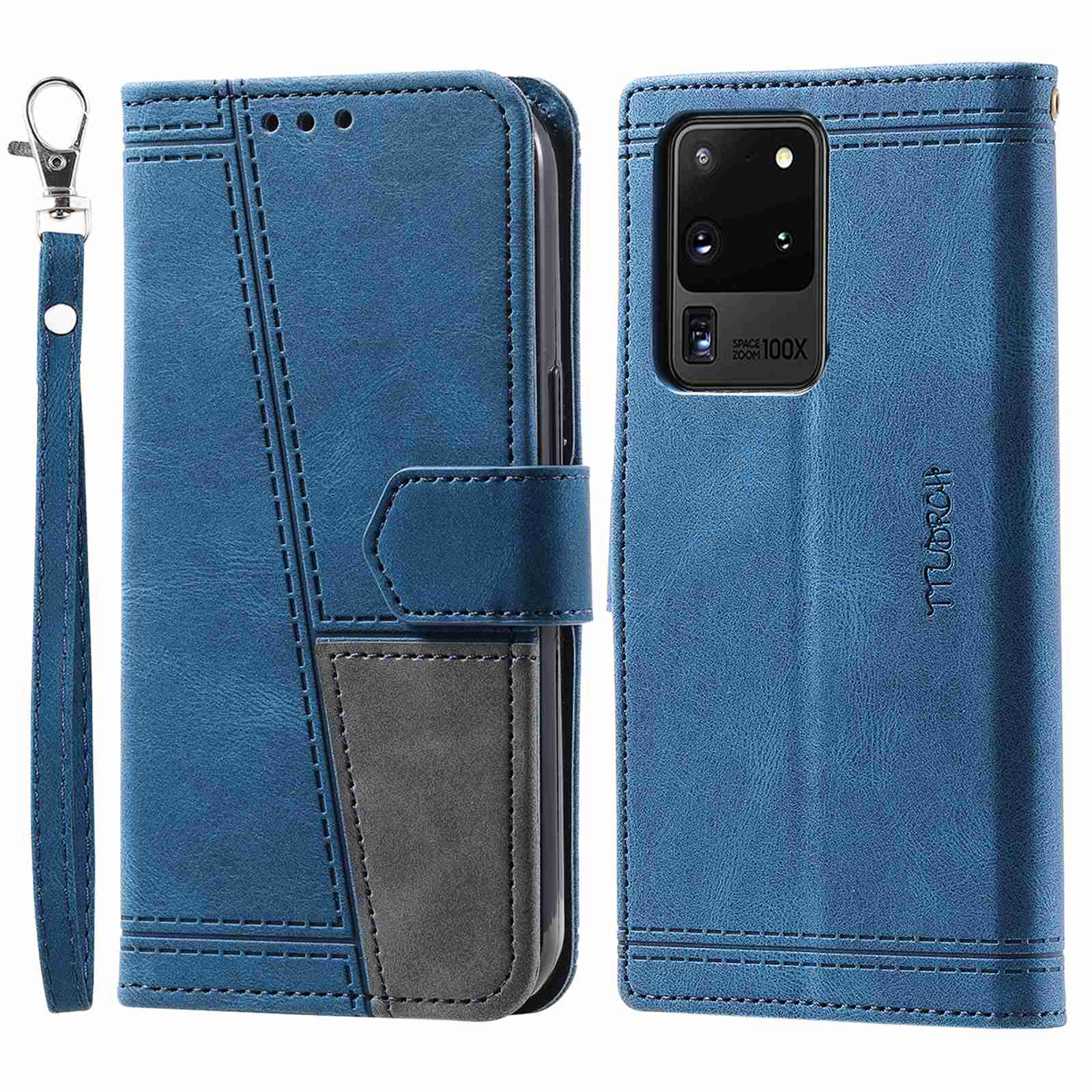 TTUDRCH For Samsung Galaxy S20 Ultra 4G/5G 004 Splicing Skin-touch PU Leather RFID Blocking Phone Case Wallet Stand Cover - Blue