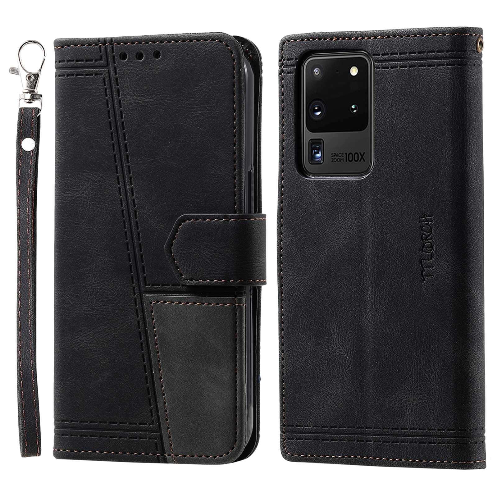 TTUDRCH For Samsung Galaxy S20 Ultra 4G/5G 004 Splicing Skin-touch PU Leather RFID Blocking Phone Case Wallet Stand Cover - Black