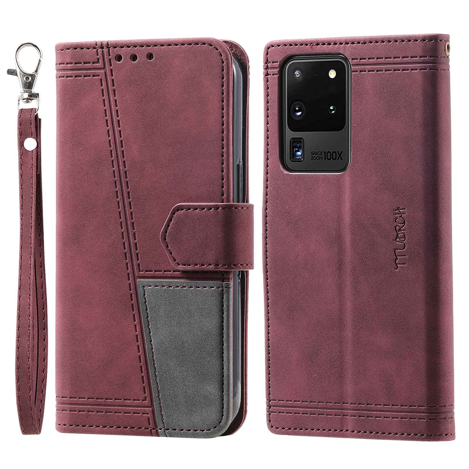 TTUDRCH For Samsung Galaxy S20 Ultra 4G/5G 004 Splicing Skin-touch PU Leather RFID Blocking Phone Case Wallet Stand Cover - Wine Red