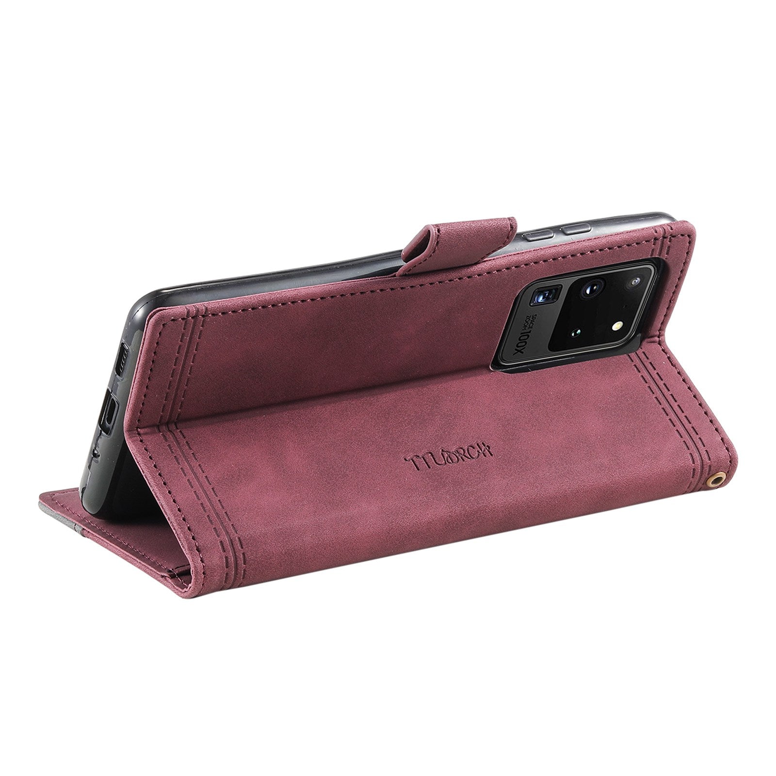 TTUDRCH For Samsung Galaxy S20 Ultra 4G/5G 004 Splicing Skin-touch PU Leather RFID Blocking Phone Case Wallet Stand Cover - Wine Red