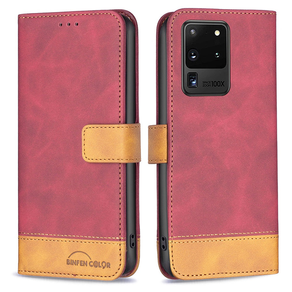 BINFEN COLOR BF Leather Case Series-7 for Samsung Galaxy S20 Ultra, Style 11 Matte Surface Anti-scratch Wallet Style PU Leather Cell Phone Case with Stand - Red