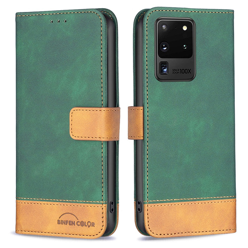 BINFEN COLOR BF Leather Case Series-7 for Samsung Galaxy S20 Ultra, Style 11 Matte Surface Anti-scratch Wallet Style PU Leather Cell Phone Case with Stand - Green