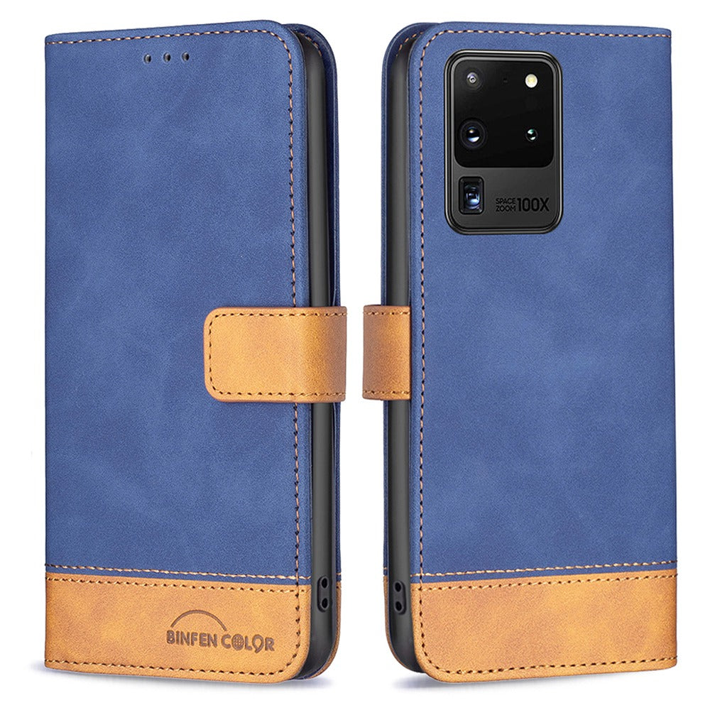 BINFEN COLOR BF Leather Case Series-7 for Samsung Galaxy S20 Ultra, Style 11 Matte Surface Anti-scratch Wallet Style PU Leather Cell Phone Case with Stand - Blue