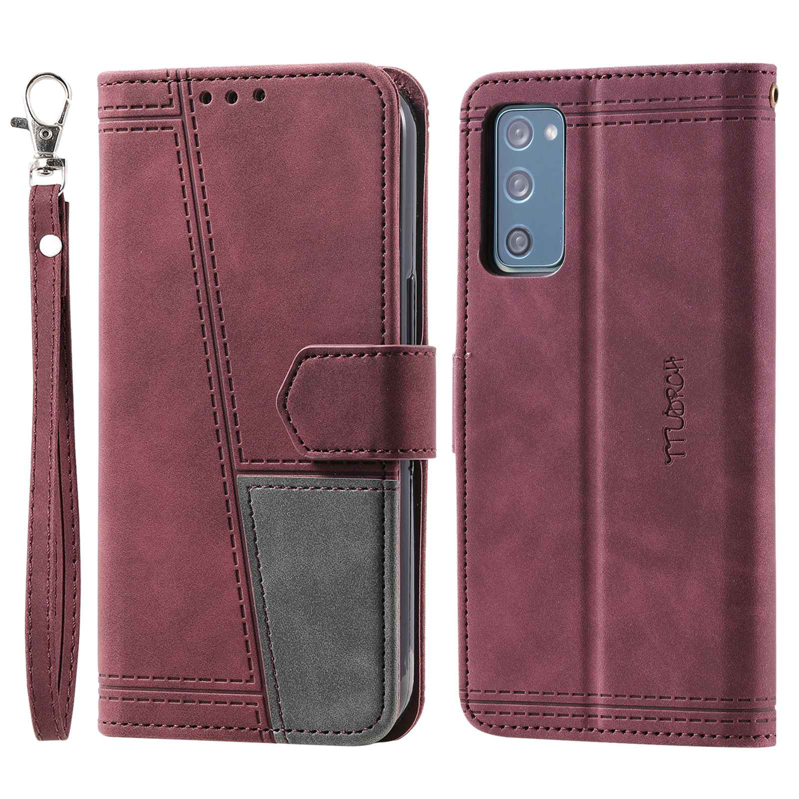 TTUDRCH For Samsung Galaxy S20 FE 2022/S20 FE/S20 Fan Edition/S20 FE 5G/S20 Fan Edition 5G/S20 Lite 004 Splicing PU Leather RFID Blocking Stand Wallet Phone Case with Strap - Wine Red