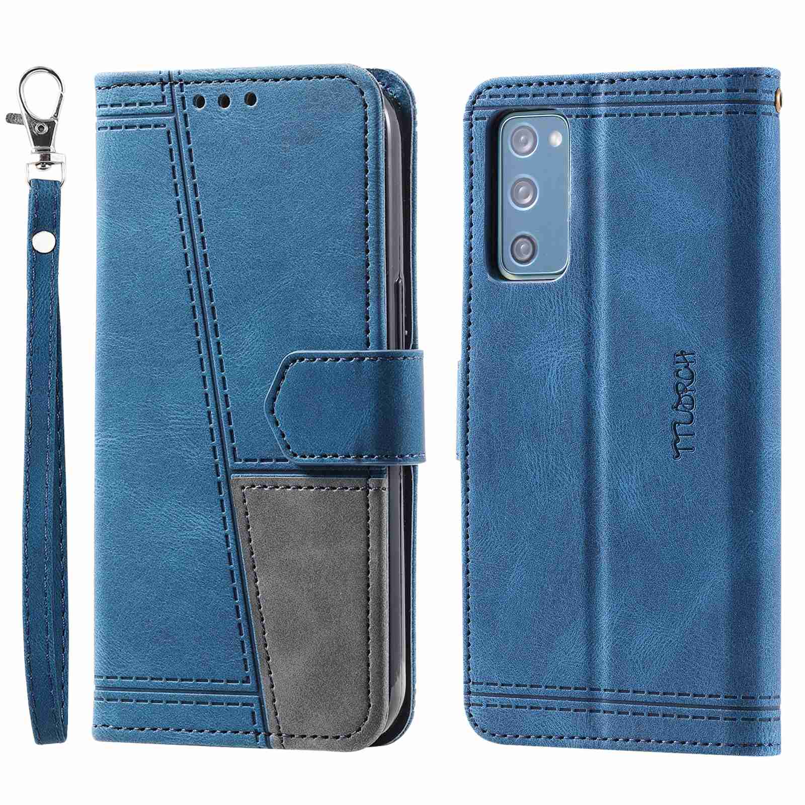 TTUDRCH For Samsung Galaxy S20 FE 2022/S20 FE/S20 Fan Edition/S20 FE 5G/S20 Fan Edition 5G/S20 Lite 004 Splicing PU Leather RFID Blocking Stand Wallet Phone Case with Strap - Blue