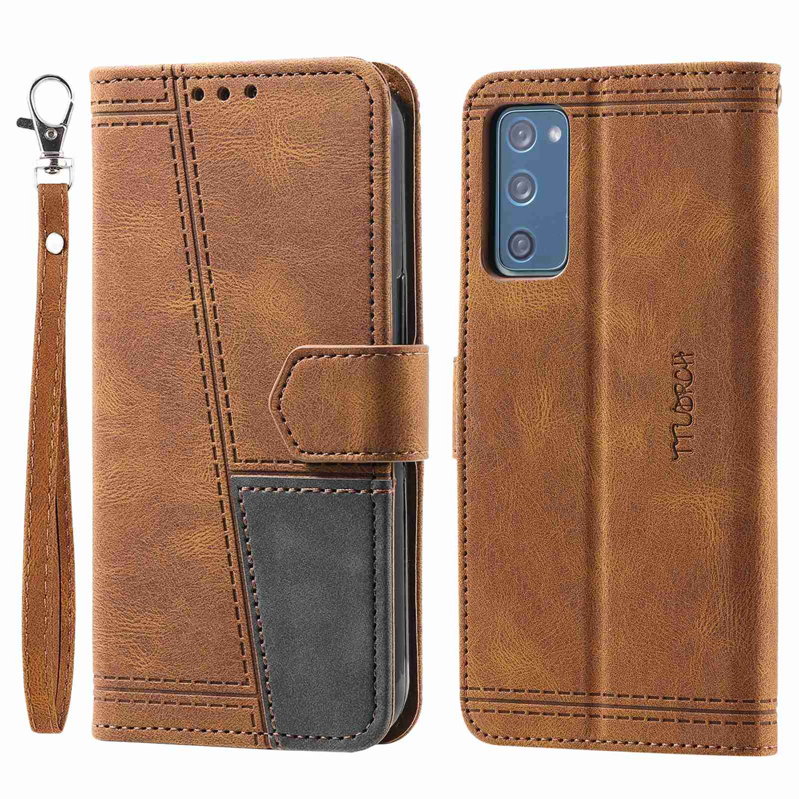 TTUDRCH For Samsung Galaxy S20 FE 2022/S20 FE/S20 Fan Edition/S20 FE 5G/S20 Fan Edition 5G/S20 Lite 004 Splicing PU Leather RFID Blocking Stand Wallet Phone Case with Strap - Brown