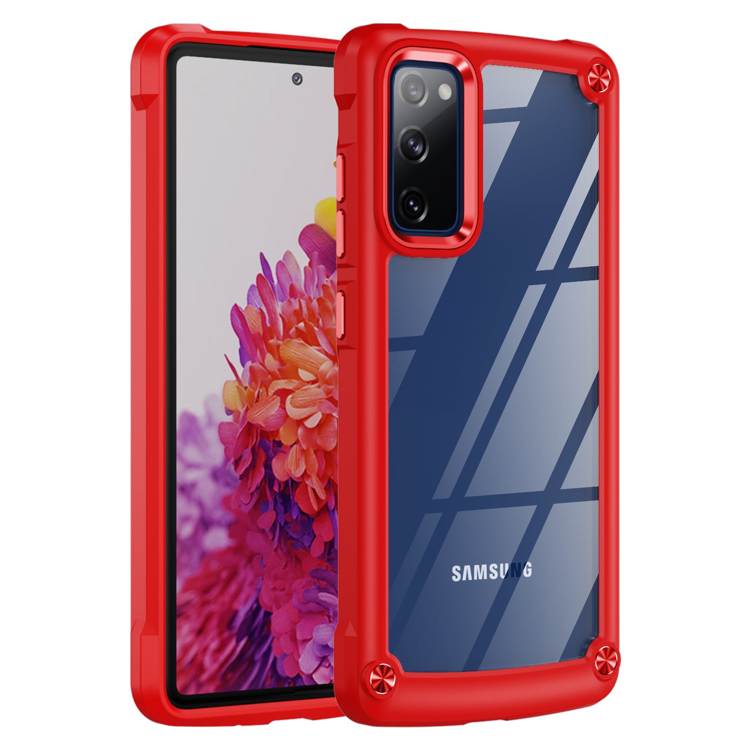 Shockproof Phone Case for Samsung Galaxy S20 FE 2022/S20 FE 4G/5G/S20 Lite, Full Body Protection PC+TPU Hybrid Phone Shell Case with Strap - Red/Red