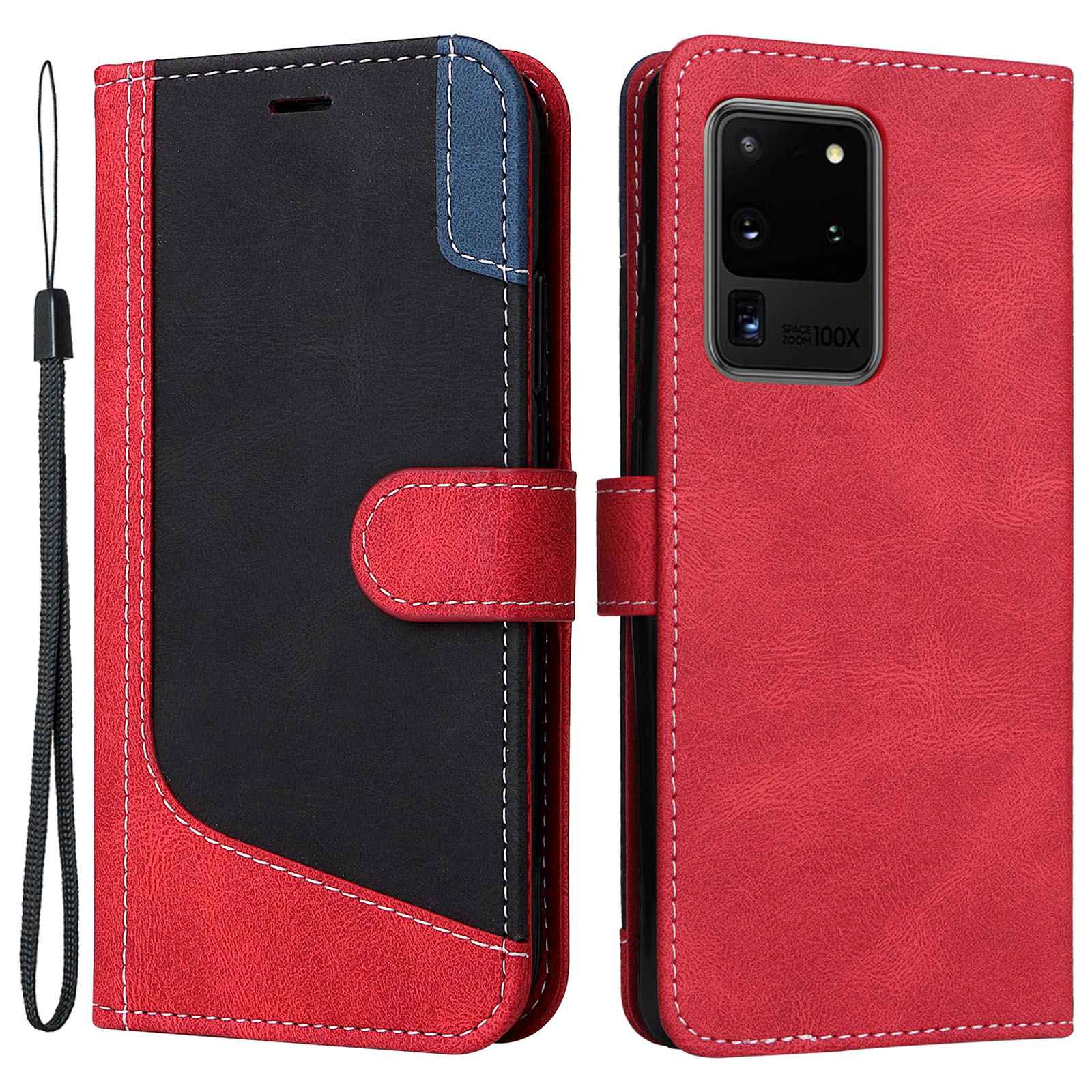 For Samsung Galaxy S20 Ultra 4G/5G Lightweight Phone Shell PU Leather Anti-scratch Wallet Stand Three-color Splicing Style Phone Protection Case - Red