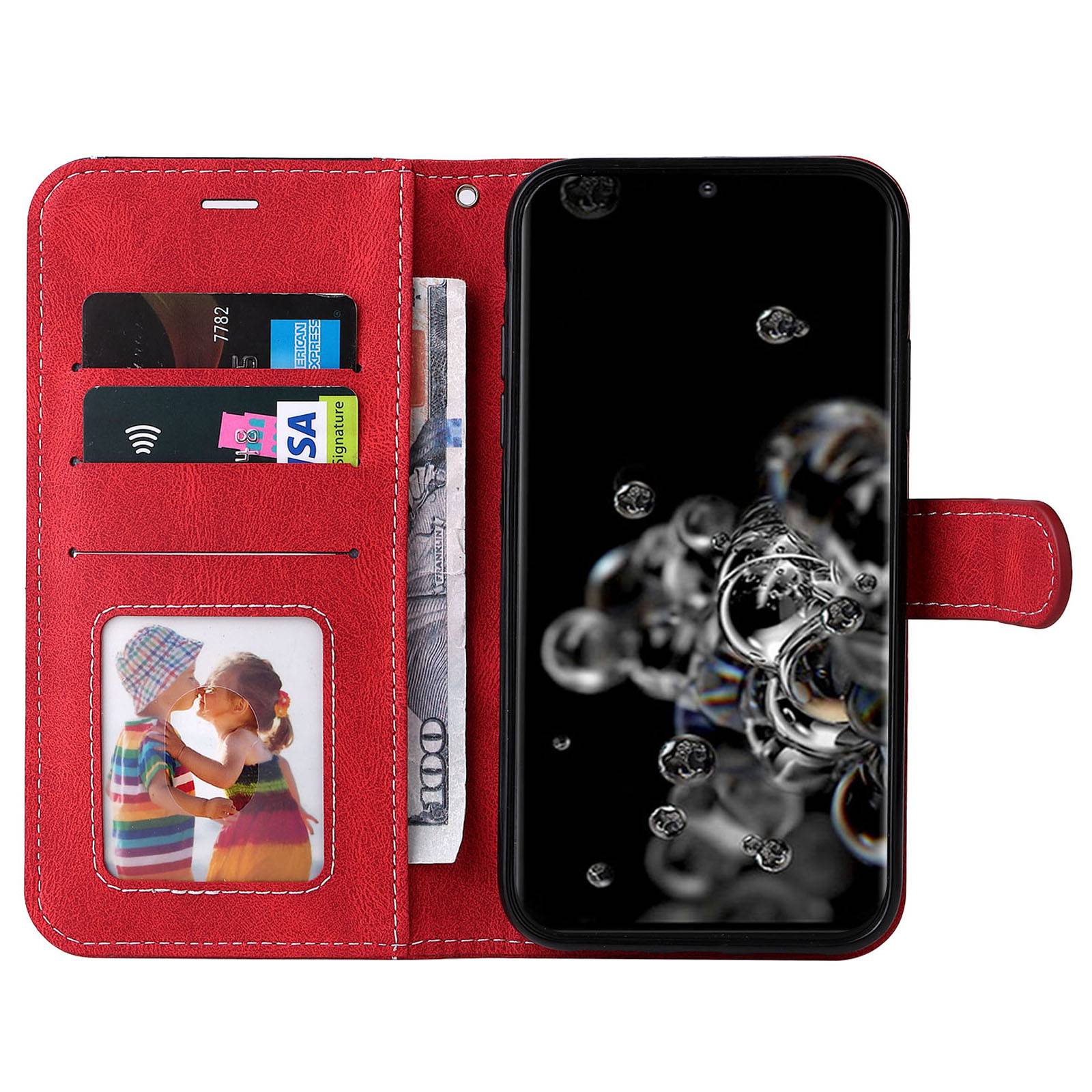 For Samsung Galaxy S20 Ultra 4G/5G Lightweight Phone Shell PU Leather Anti-scratch Wallet Stand Three-color Splicing Style Phone Protection Case - Red