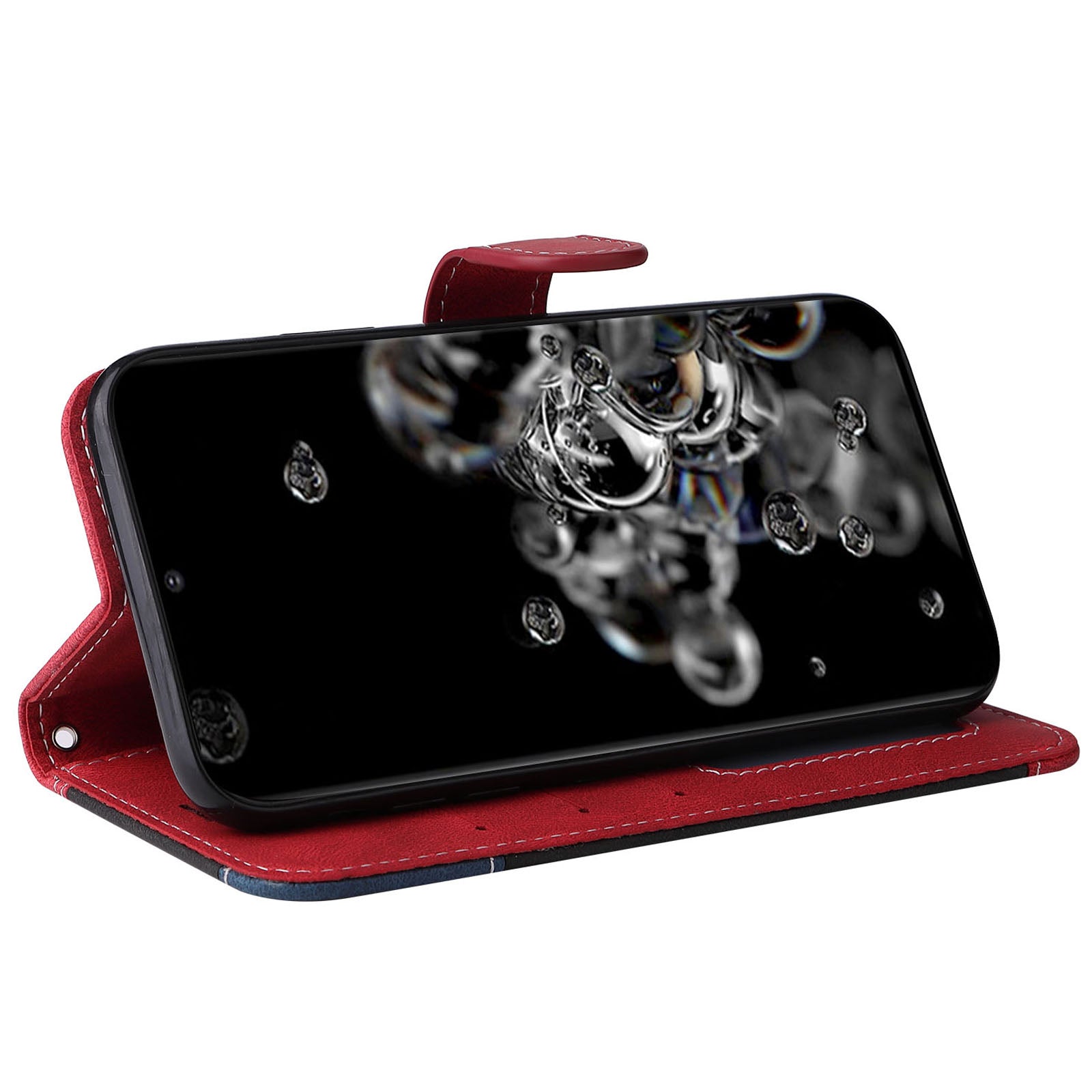 For Samsung Galaxy S20 Ultra 4G/5G Lightweight Phone Shell PU Leather Anti-scratch Wallet Stand Three-color Splicing Style Phone Protection Case - Red