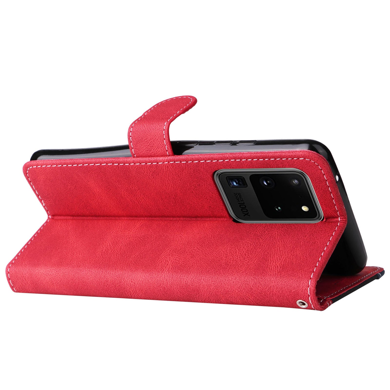 For Samsung Galaxy S20 Ultra 4G/5G Lightweight Phone Shell PU Leather Anti-scratch Wallet Stand Three-color Splicing Style Phone Protection Case - Red