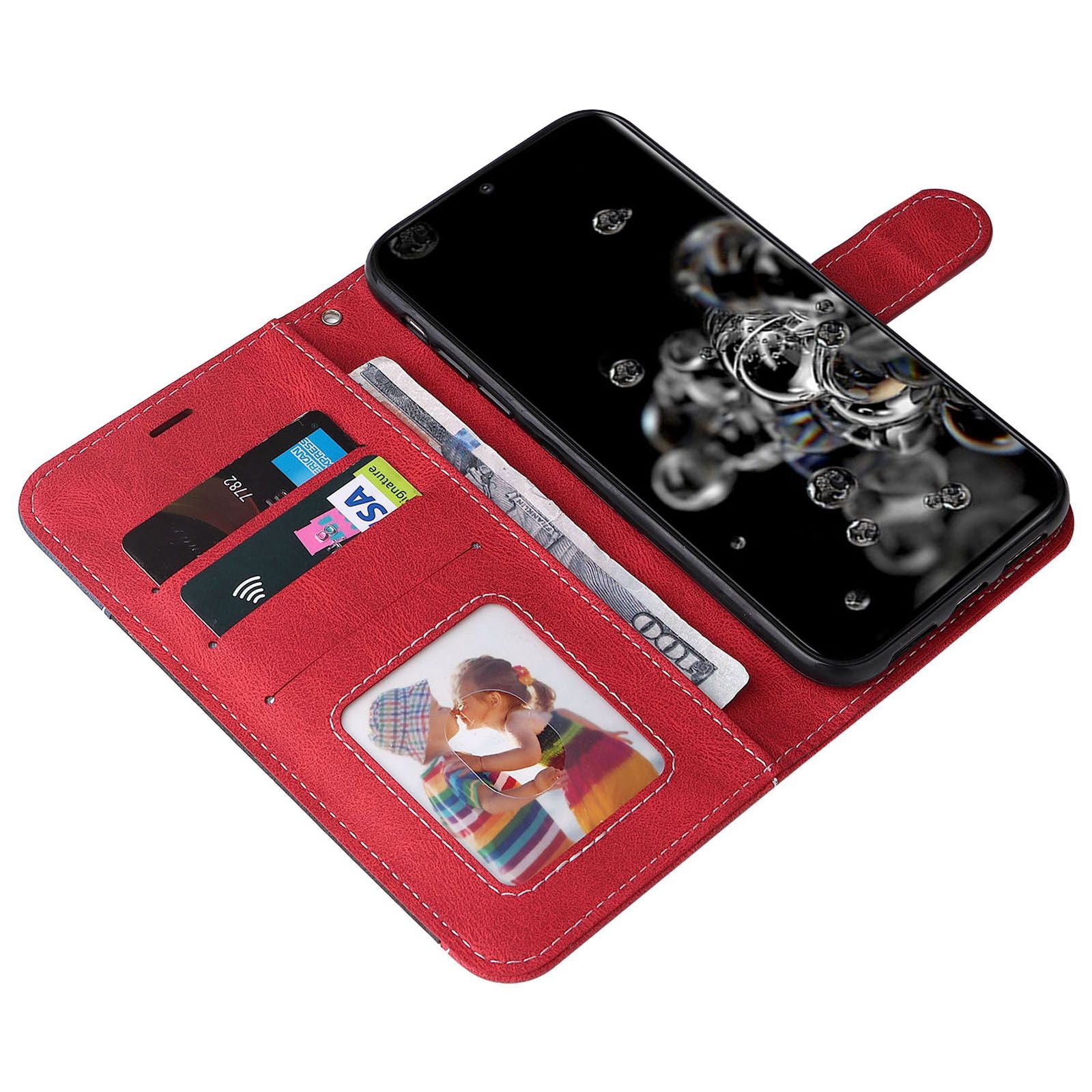 For Samsung Galaxy S20 Ultra 4G/5G Lightweight Phone Shell PU Leather Anti-scratch Wallet Stand Three-color Splicing Style Phone Protection Case - Red