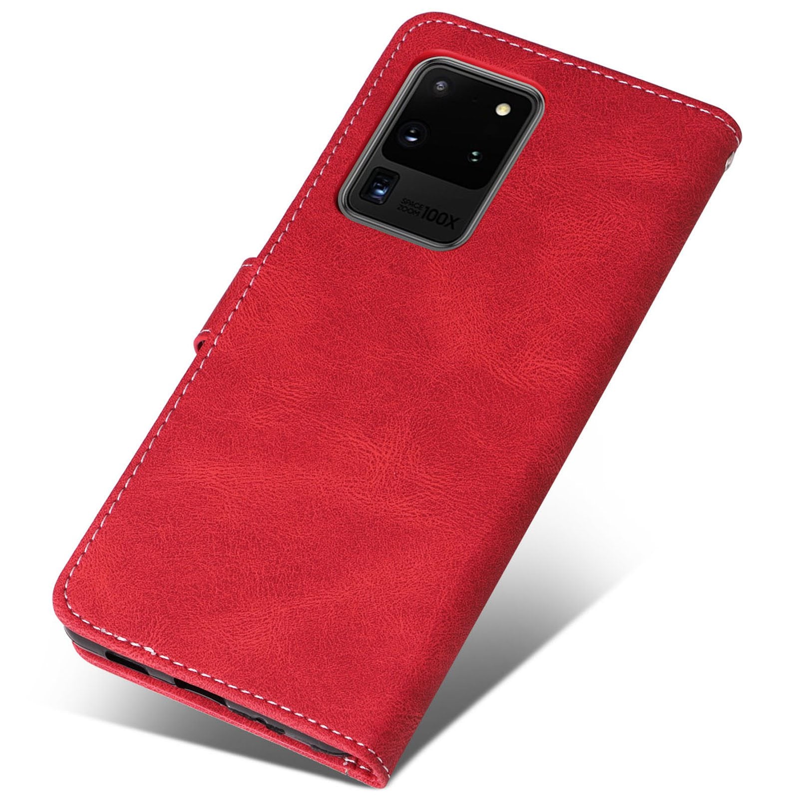 For Samsung Galaxy S20 Ultra 4G/5G Lightweight Phone Shell PU Leather Anti-scratch Wallet Stand Three-color Splicing Style Phone Protection Case - Red