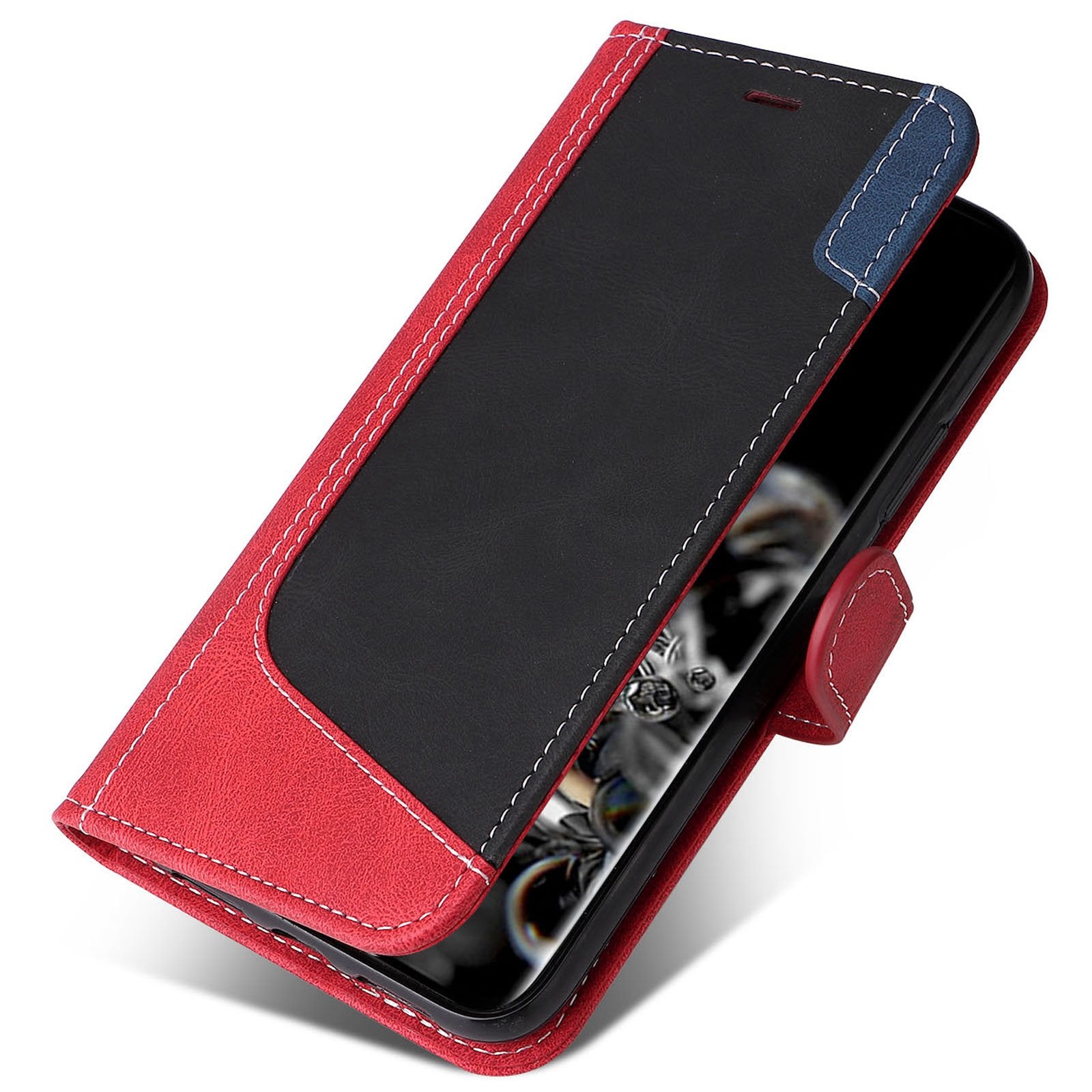 For Samsung Galaxy S20 Ultra 4G/5G Lightweight Phone Shell PU Leather Anti-scratch Wallet Stand Three-color Splicing Style Phone Protection Case - Red