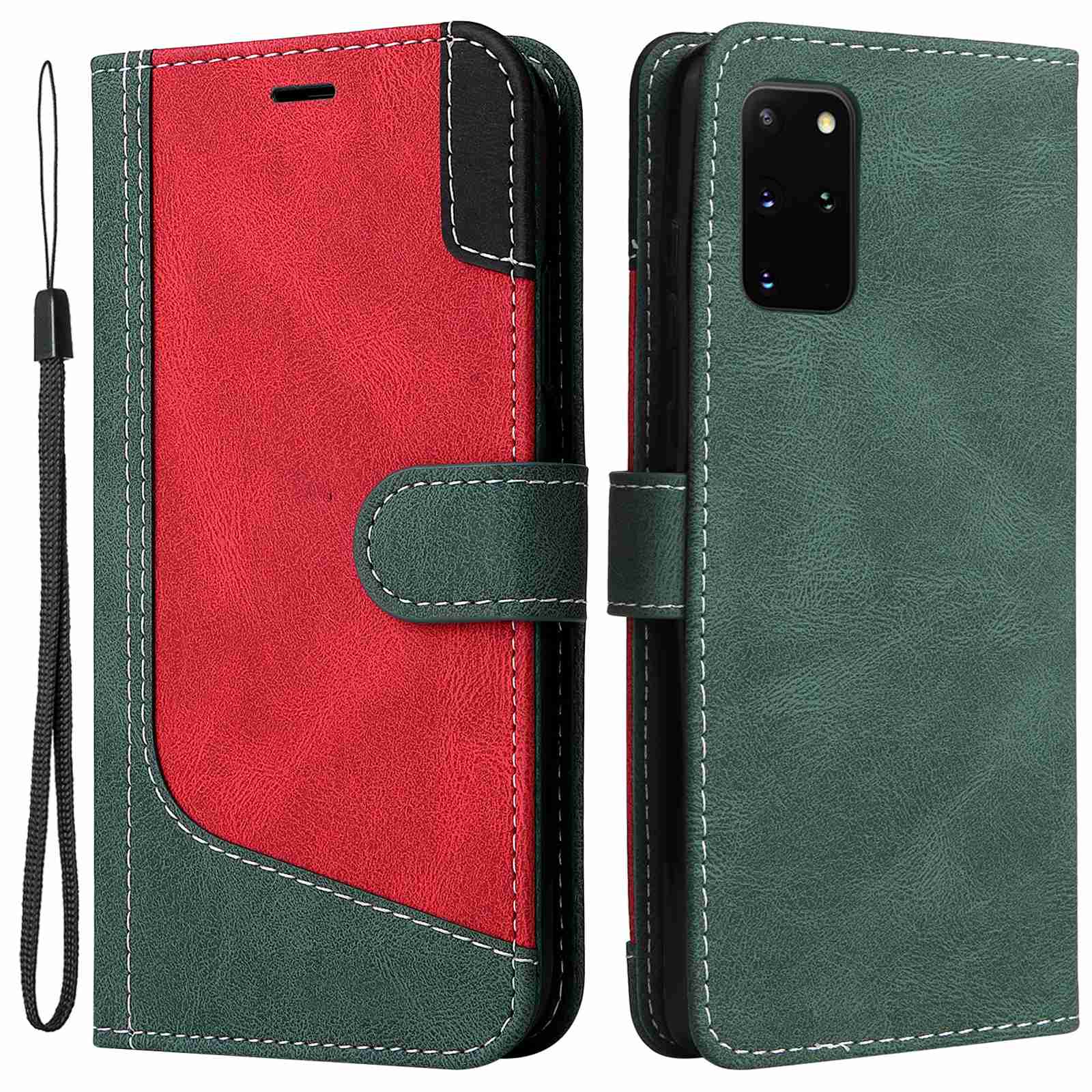 Cell Phone Case for Samsung Galaxy S20 Plus 5G/4G, Wallet Stand Anti-drop Three-color Splicing Style Phone Protection Shell - Green