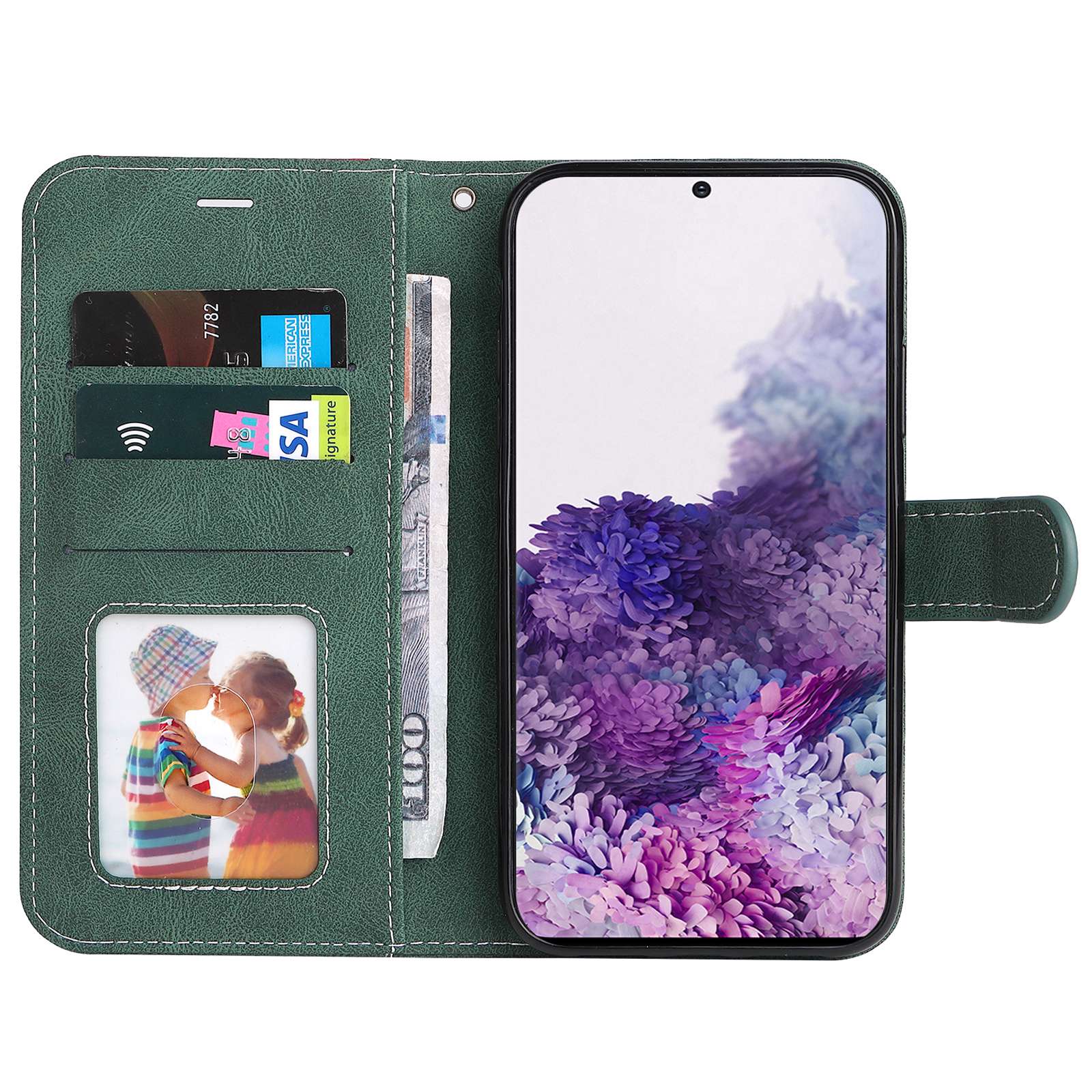 Cell Phone Case for Samsung Galaxy S20 Plus 5G/4G, Wallet Stand Anti-drop Three-color Splicing Style Phone Protection Shell - Green