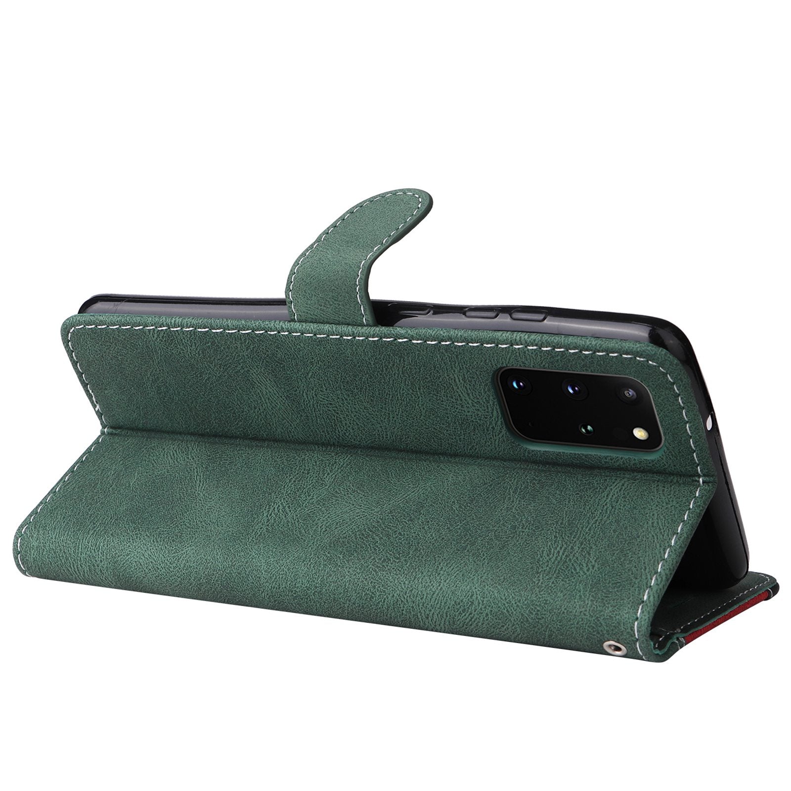 Cell Phone Case for Samsung Galaxy S20 Plus 5G/4G, Wallet Stand Anti-drop Three-color Splicing Style Phone Protection Shell - Green