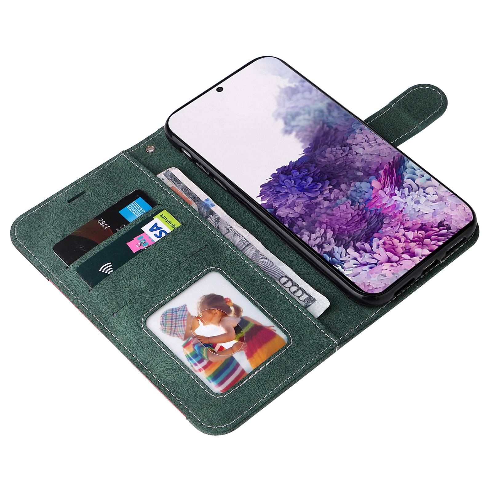 Cell Phone Case for Samsung Galaxy S20 Plus 5G/4G, Wallet Stand Anti-drop Three-color Splicing Style Phone Protection Shell - Green