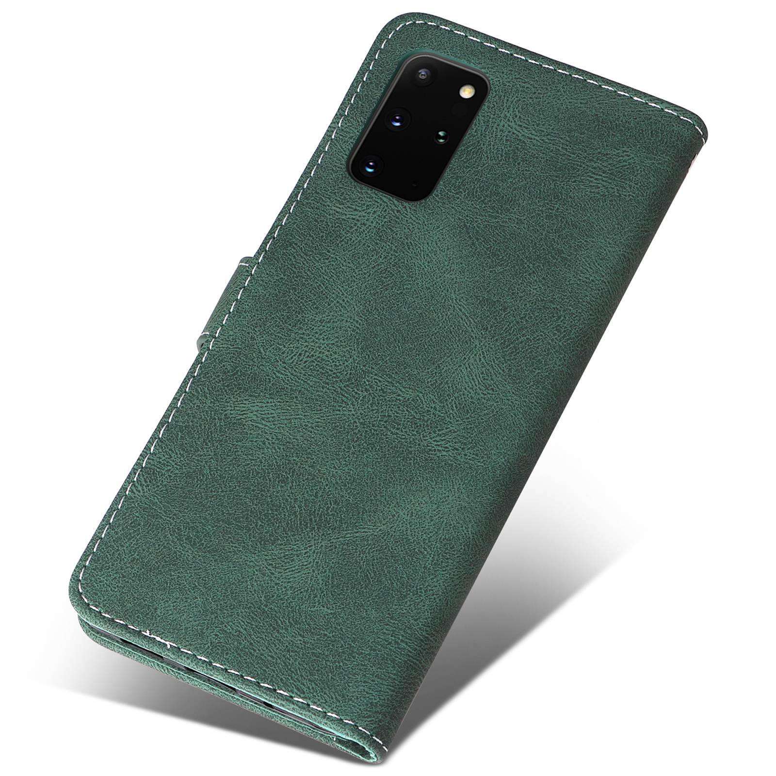 Cell Phone Case for Samsung Galaxy S20 Plus 5G/4G, Wallet Stand Anti-drop Three-color Splicing Style Phone Protection Shell - Green