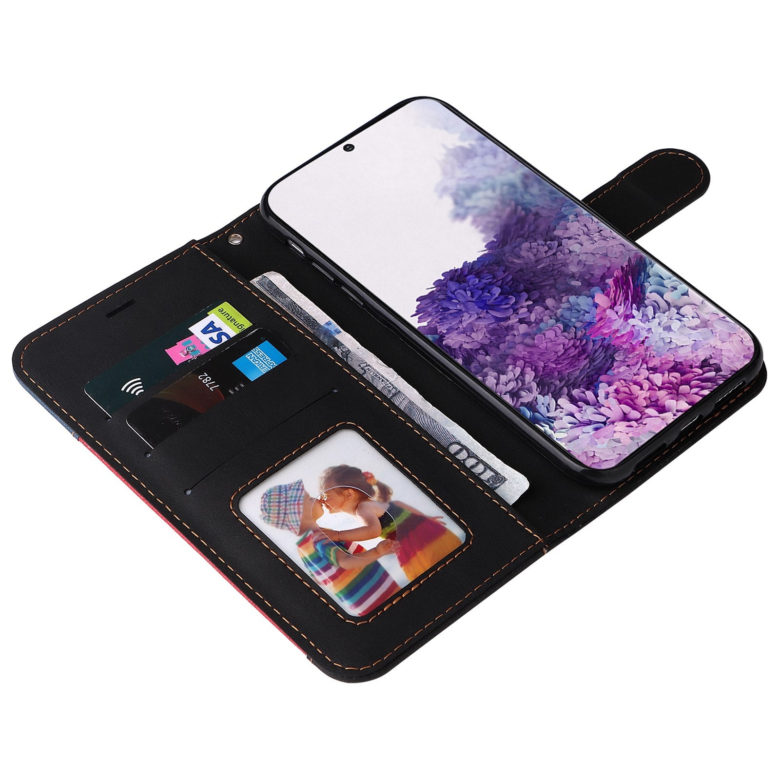 Cell Phone Case for Samsung Galaxy S20 Plus 5G/4G, Wallet Stand Anti-drop Three-color Splicing Style Phone Protection Shell - Black