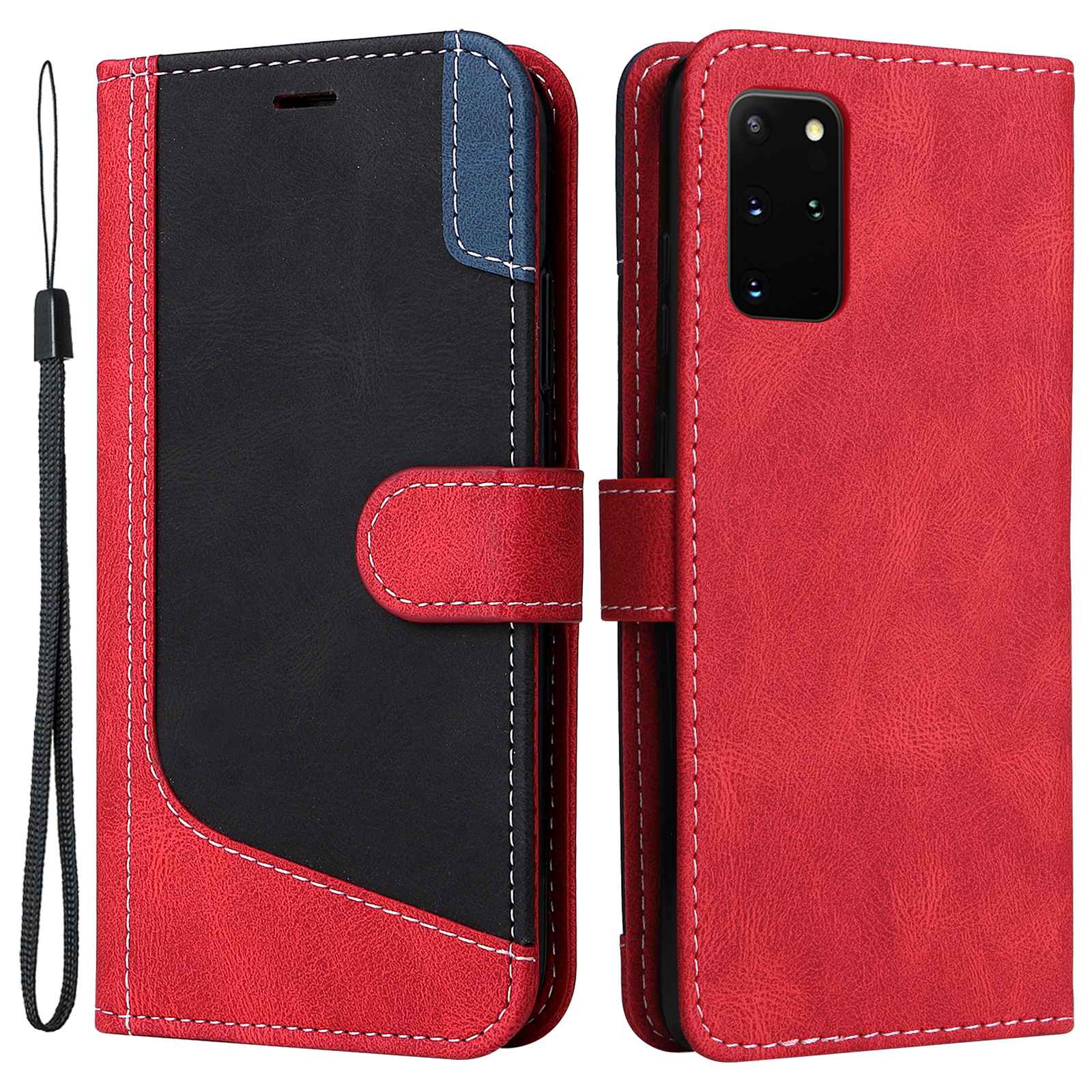 Cell Phone Case for Samsung Galaxy S20 Plus 5G/4G, Wallet Stand Anti-drop Three-color Splicing Style Phone Protection Shell - Red