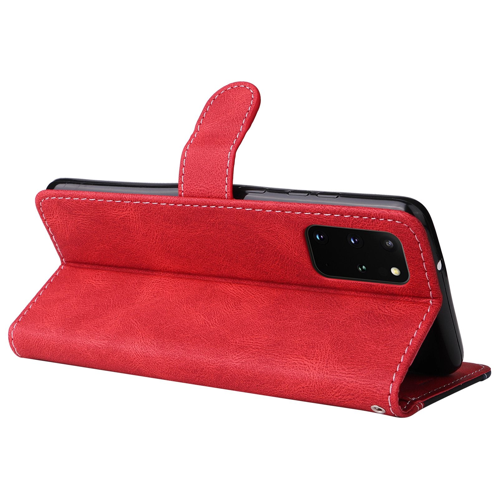 Cell Phone Case for Samsung Galaxy S20 Plus 5G/4G, Wallet Stand Anti-drop Three-color Splicing Style Phone Protection Shell - Red