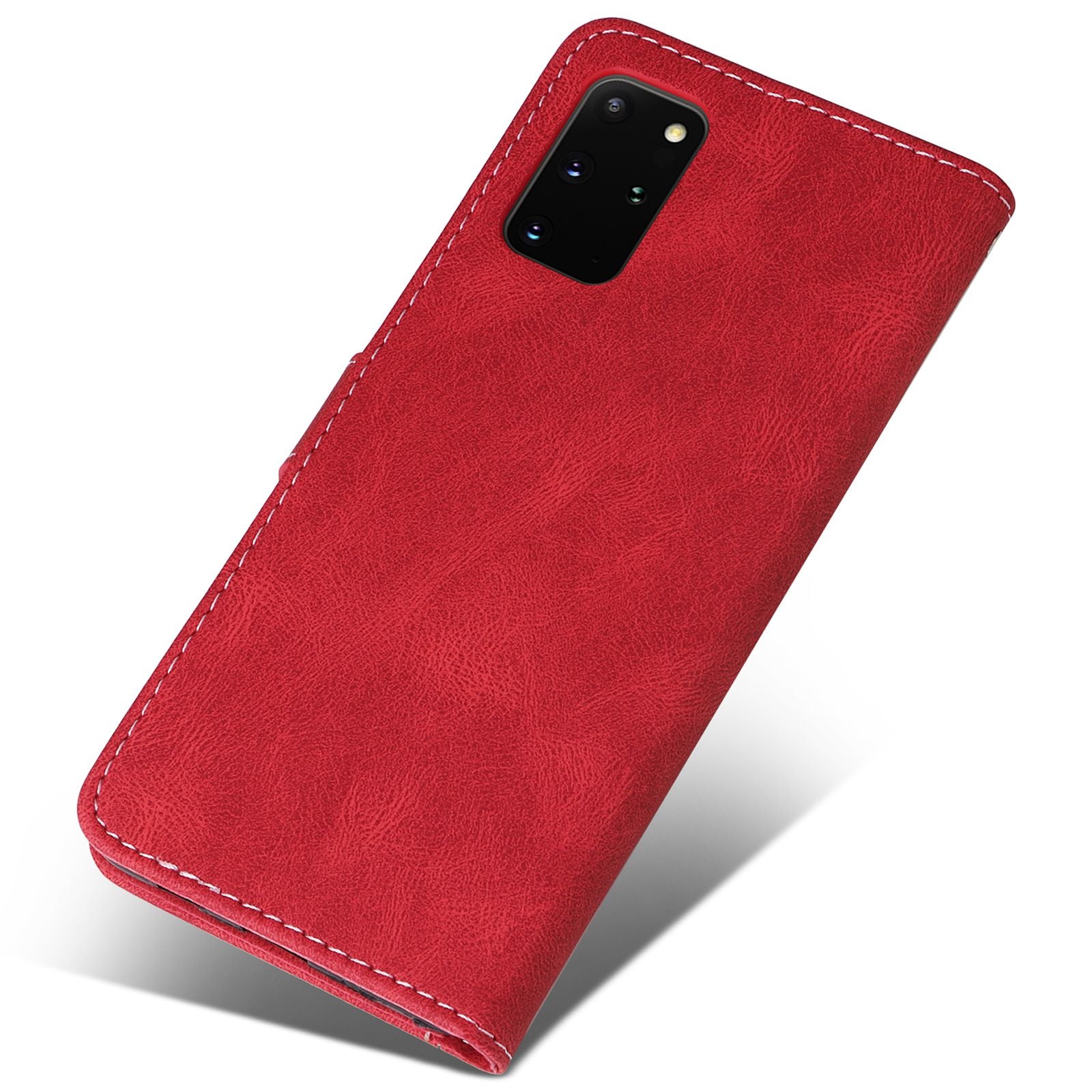 Cell Phone Case for Samsung Galaxy S20 Plus 5G/4G, Wallet Stand Anti-drop Three-color Splicing Style Phone Protection Shell - Red