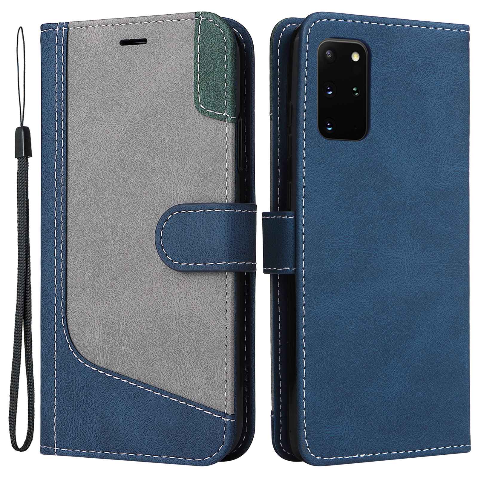 Cell Phone Case for Samsung Galaxy S20 Plus 5G/4G, Wallet Stand Anti-drop Three-color Splicing Style Phone Protection Shell - Blue