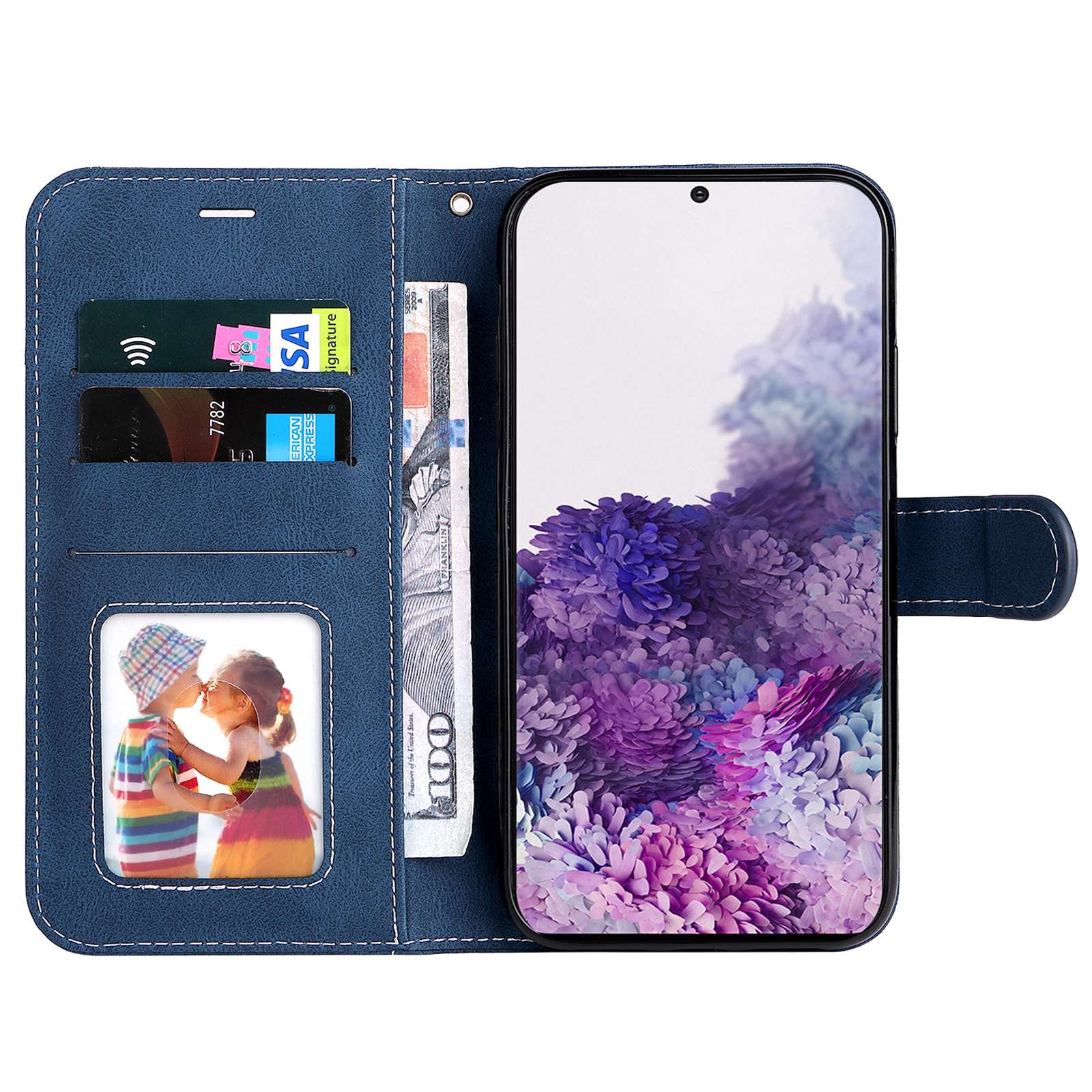 Cell Phone Case for Samsung Galaxy S20 Plus 5G/4G, Wallet Stand Anti-drop Three-color Splicing Style Phone Protection Shell - Blue