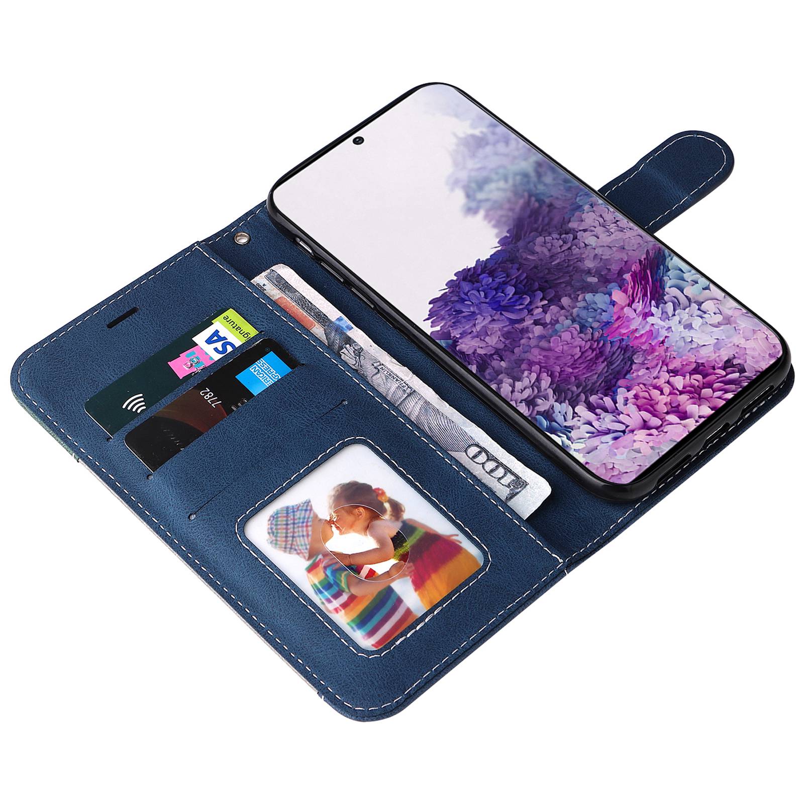 Cell Phone Case for Samsung Galaxy S20 Plus 5G/4G, Wallet Stand Anti-drop Three-color Splicing Style Phone Protection Shell - Blue