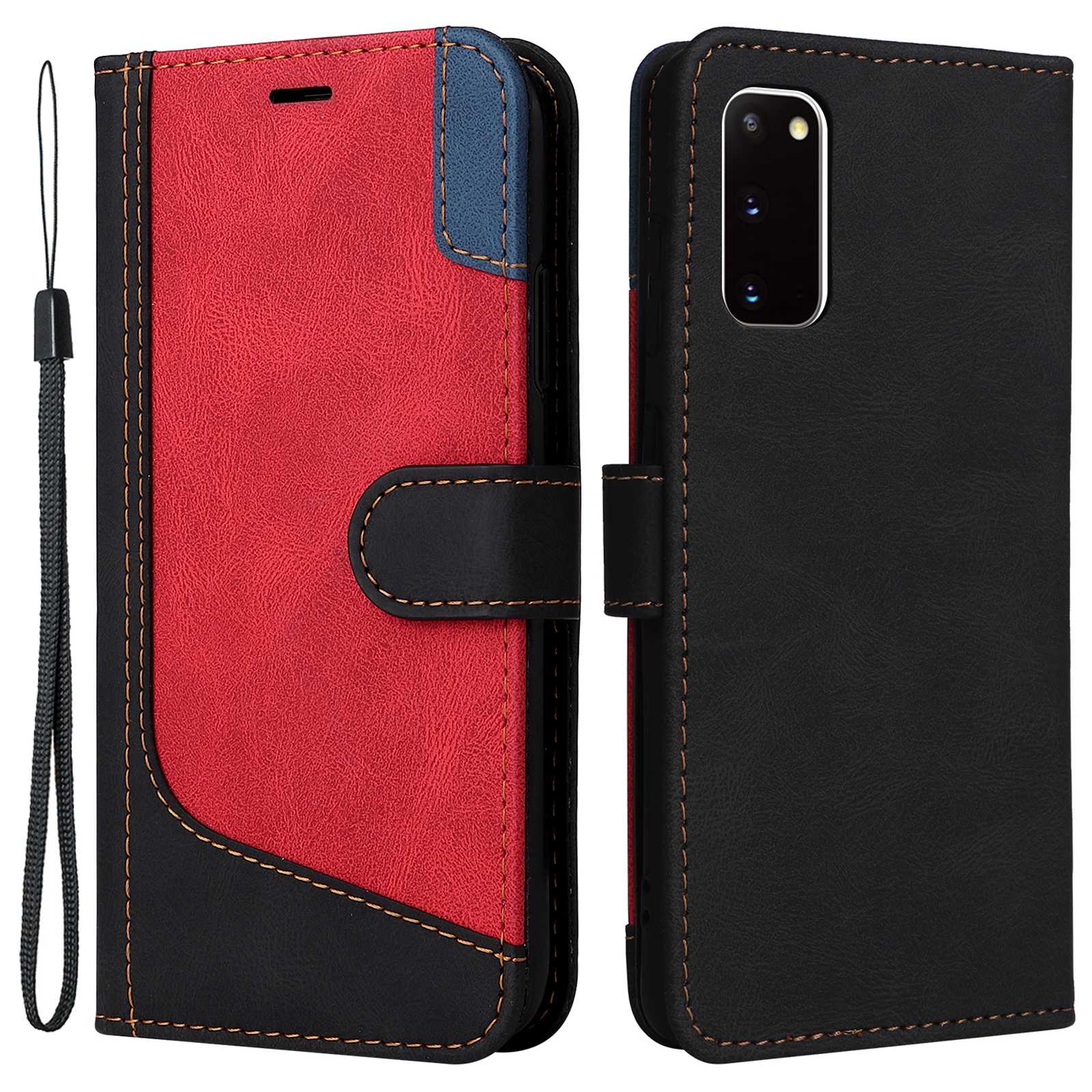 For Samsung Galaxy S20 5G/4G Anti-fingerprint Wallet Stand Anti-drop Three-color Splicing Style PU Leather Phone Case - Black