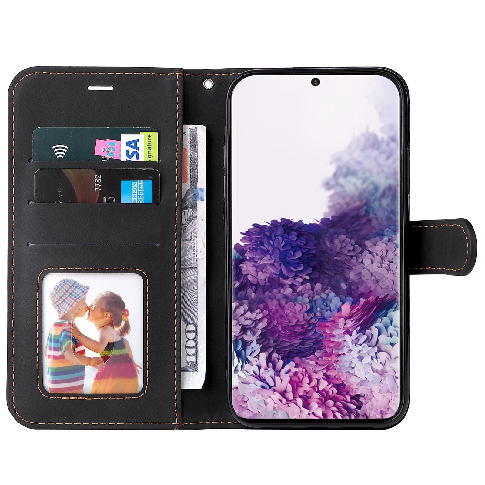 For Samsung Galaxy S20 5G/4G Anti-fingerprint Wallet Stand Anti-drop Three-color Splicing Style PU Leather Phone Case - Black