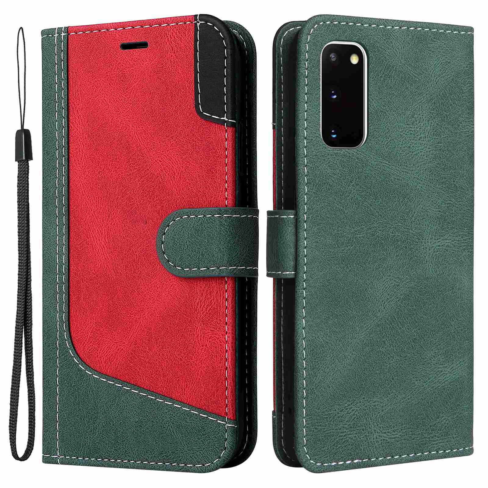 For Samsung Galaxy S20 5G/4G Anti-fingerprint Wallet Stand Anti-drop Three-color Splicing Style PU Leather Phone Case - Green