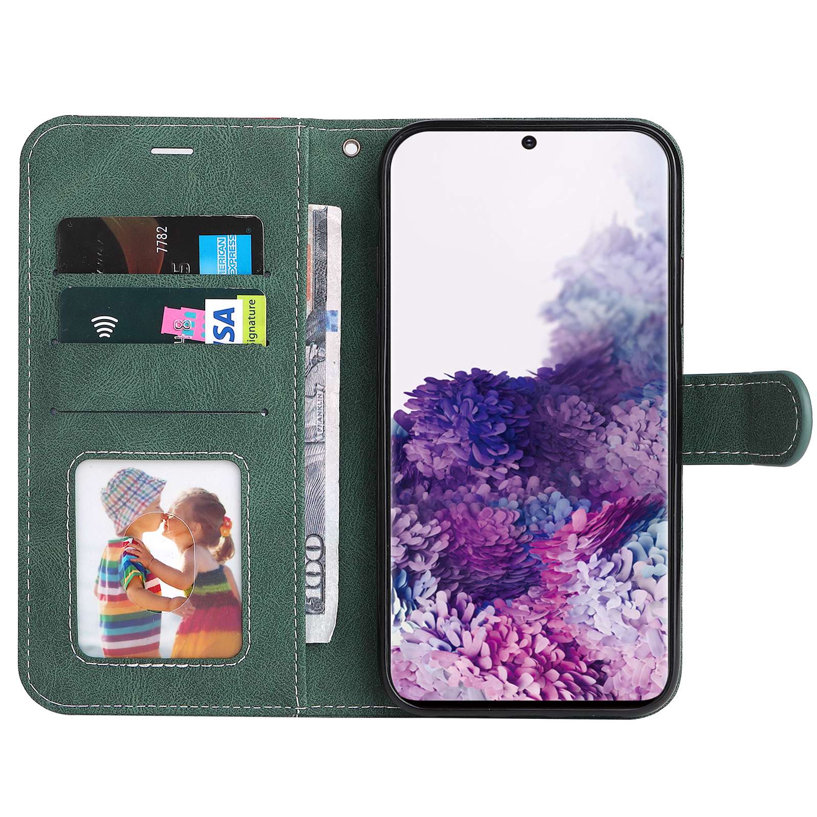 For Samsung Galaxy S20 5G/4G Anti-fingerprint Wallet Stand Anti-drop Three-color Splicing Style PU Leather Phone Case - Green