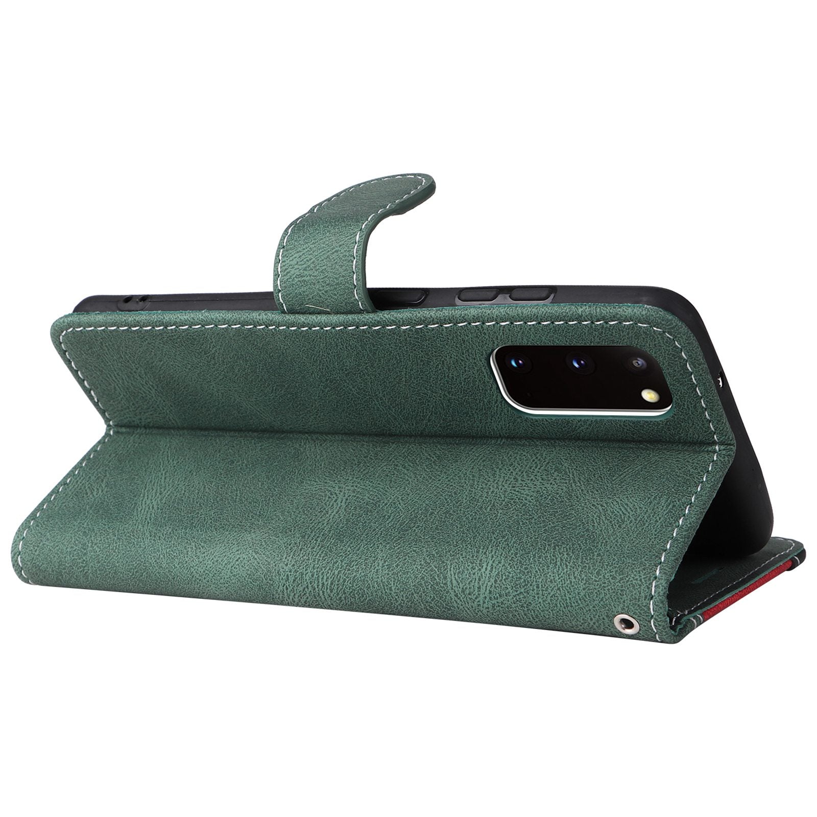 For Samsung Galaxy S20 5G/4G Anti-fingerprint Wallet Stand Anti-drop Three-color Splicing Style PU Leather Phone Case - Green