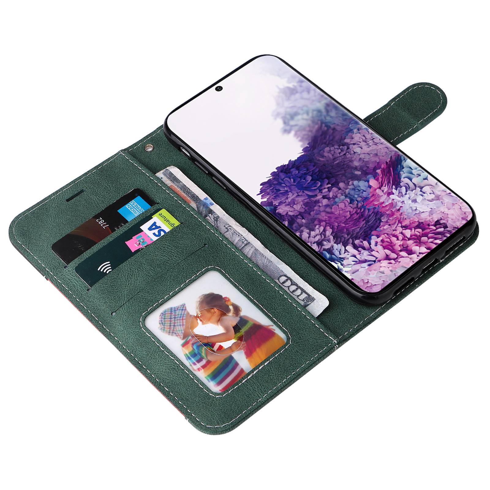 For Samsung Galaxy S20 5G/4G Anti-fingerprint Wallet Stand Anti-drop Three-color Splicing Style PU Leather Phone Case - Green