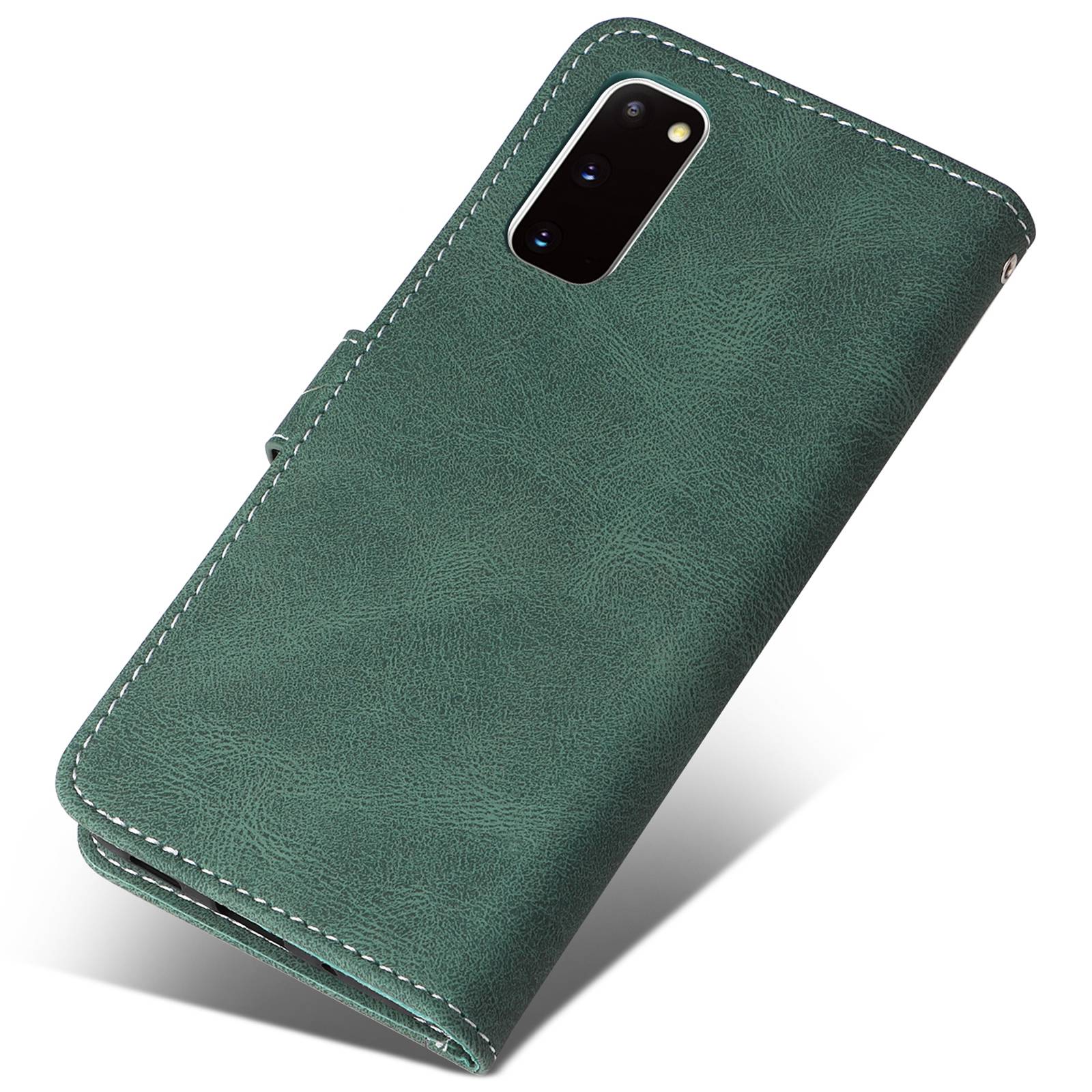 For Samsung Galaxy S20 5G/4G Anti-fingerprint Wallet Stand Anti-drop Three-color Splicing Style PU Leather Phone Case - Green