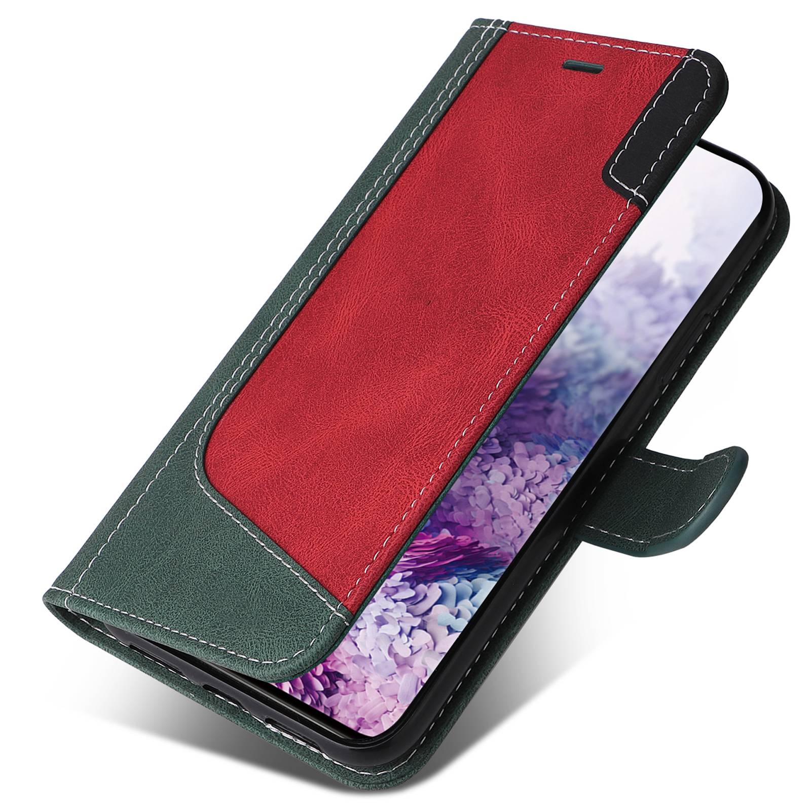 For Samsung Galaxy S20 5G/4G Anti-fingerprint Wallet Stand Anti-drop Three-color Splicing Style PU Leather Phone Case - Green