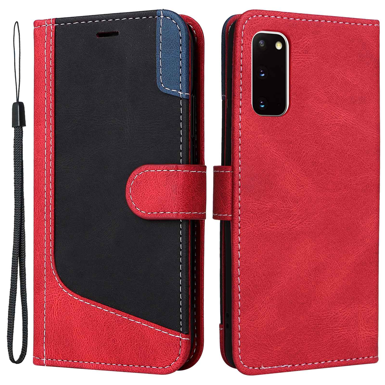 For Samsung Galaxy S20 5G/4G Anti-fingerprint Wallet Stand Anti-drop Three-color Splicing Style PU Leather Phone Case - Red