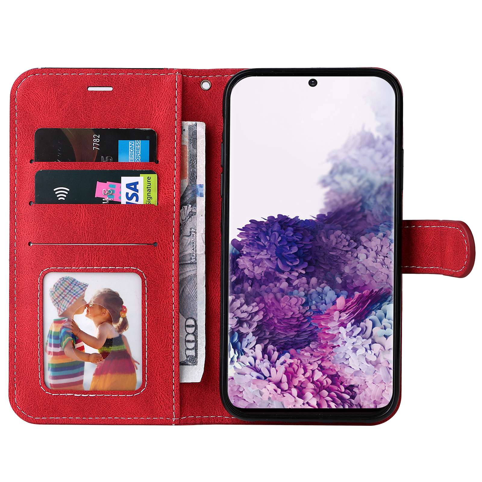 For Samsung Galaxy S20 5G/4G Anti-fingerprint Wallet Stand Anti-drop Three-color Splicing Style PU Leather Phone Case - Red