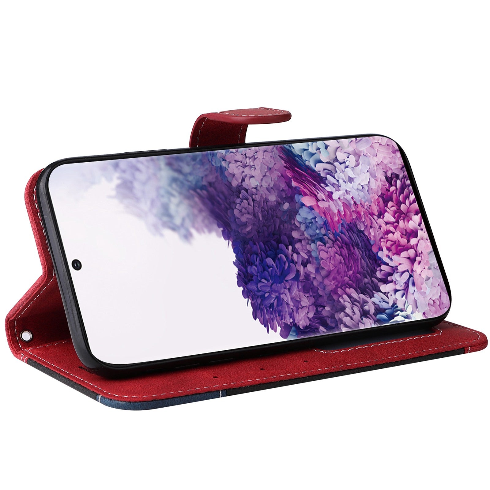 For Samsung Galaxy S20 5G/4G Anti-fingerprint Wallet Stand Anti-drop Three-color Splicing Style PU Leather Phone Case - Red