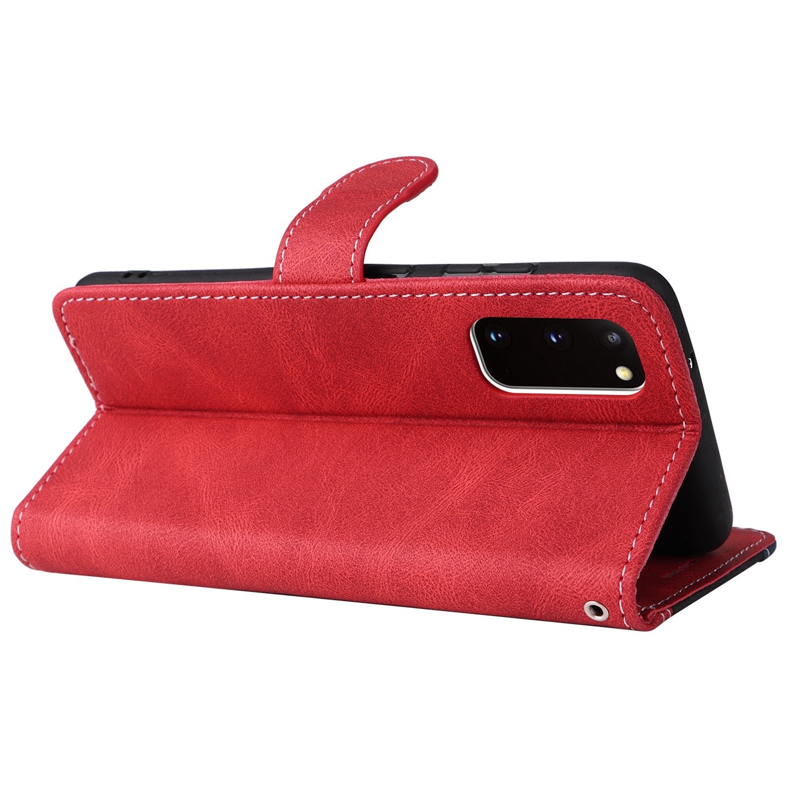 For Samsung Galaxy S20 5G/4G Anti-fingerprint Wallet Stand Anti-drop Three-color Splicing Style PU Leather Phone Case - Red