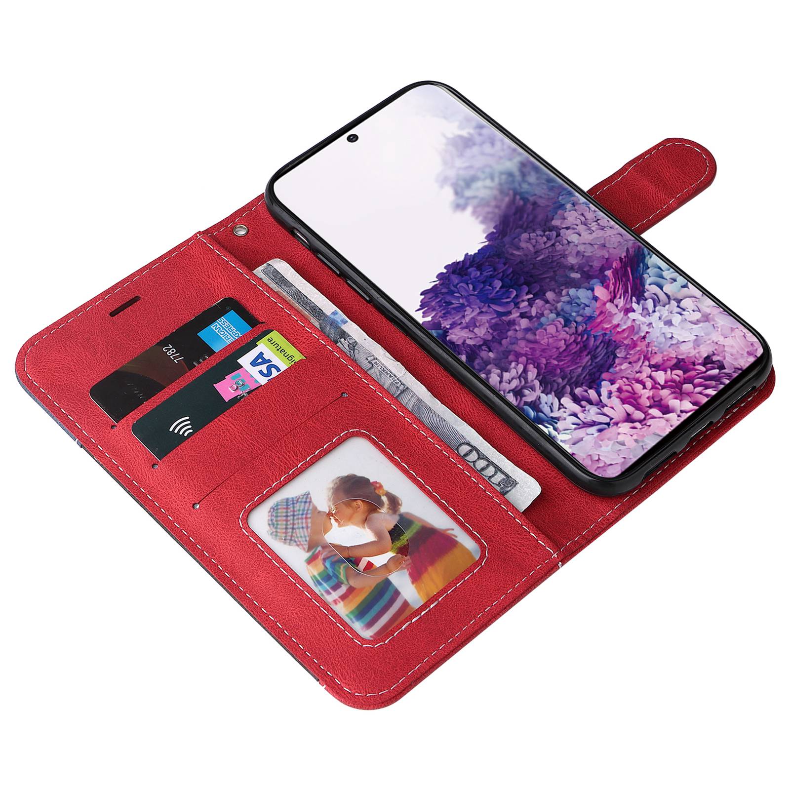 For Samsung Galaxy S20 5G/4G Anti-fingerprint Wallet Stand Anti-drop Three-color Splicing Style PU Leather Phone Case - Red