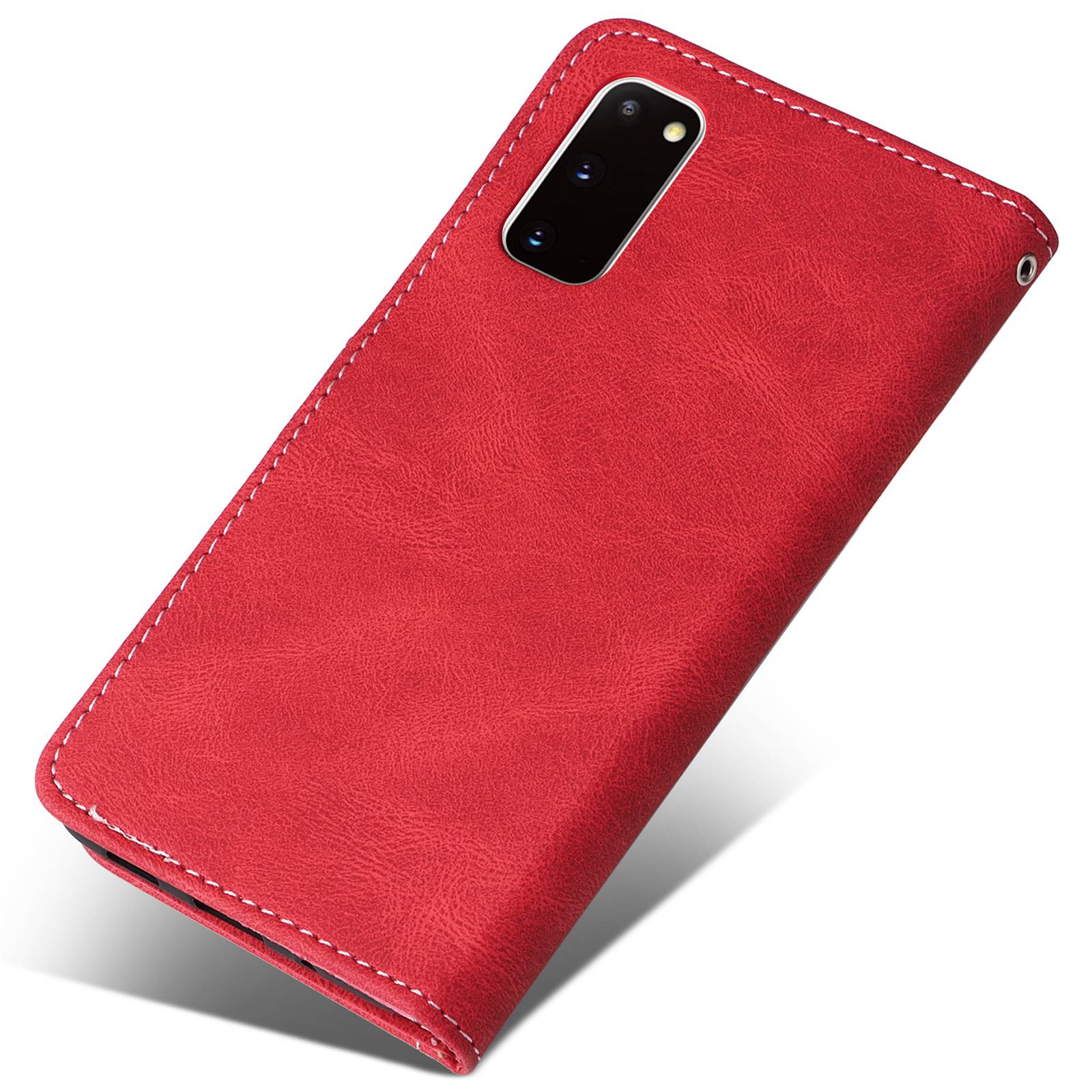 For Samsung Galaxy S20 5G/4G Anti-fingerprint Wallet Stand Anti-drop Three-color Splicing Style PU Leather Phone Case - Red